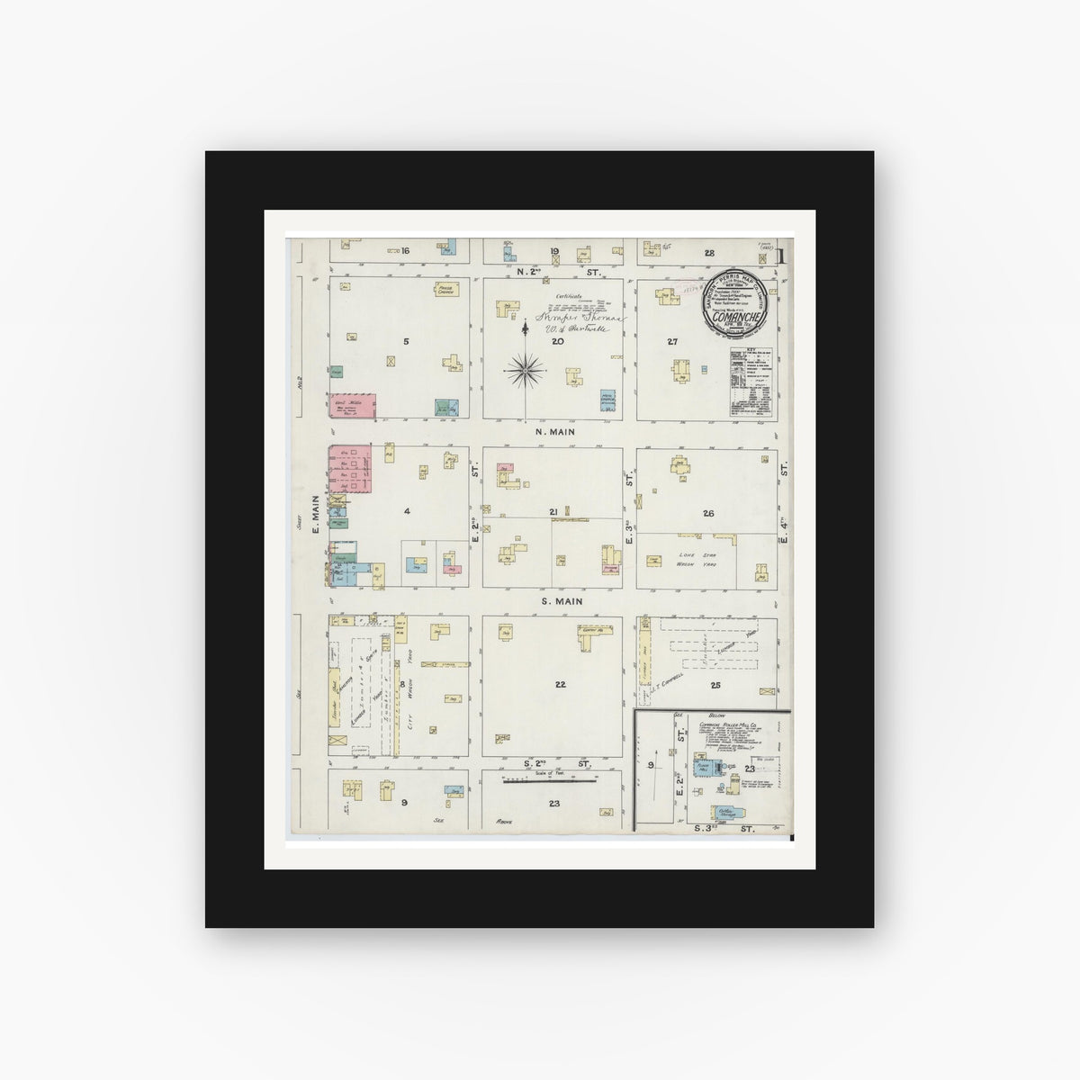 Old map wall art mockup — black gallery frame with white mat — Sanborn Fire Insurance Map from Comanche, Comanche County, Texas (1891) - Complete Map Set