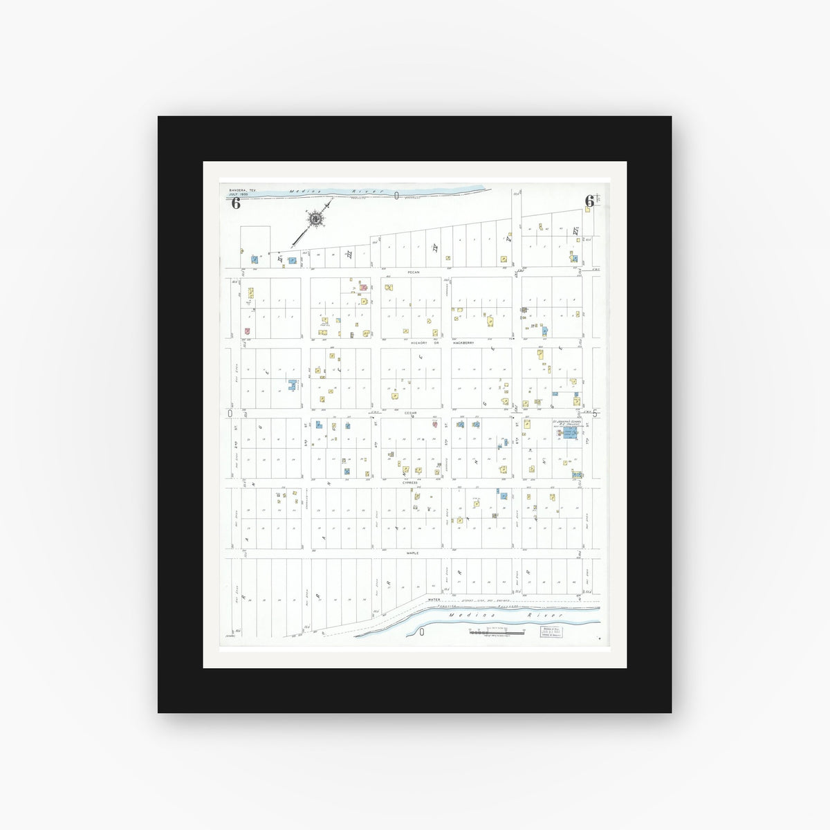 Old map wall art mockup — black gallery frame with white mat — Sanborn Fire Insurance Map from Bandera, Bandera County, Texas (1950), Sheet #0006