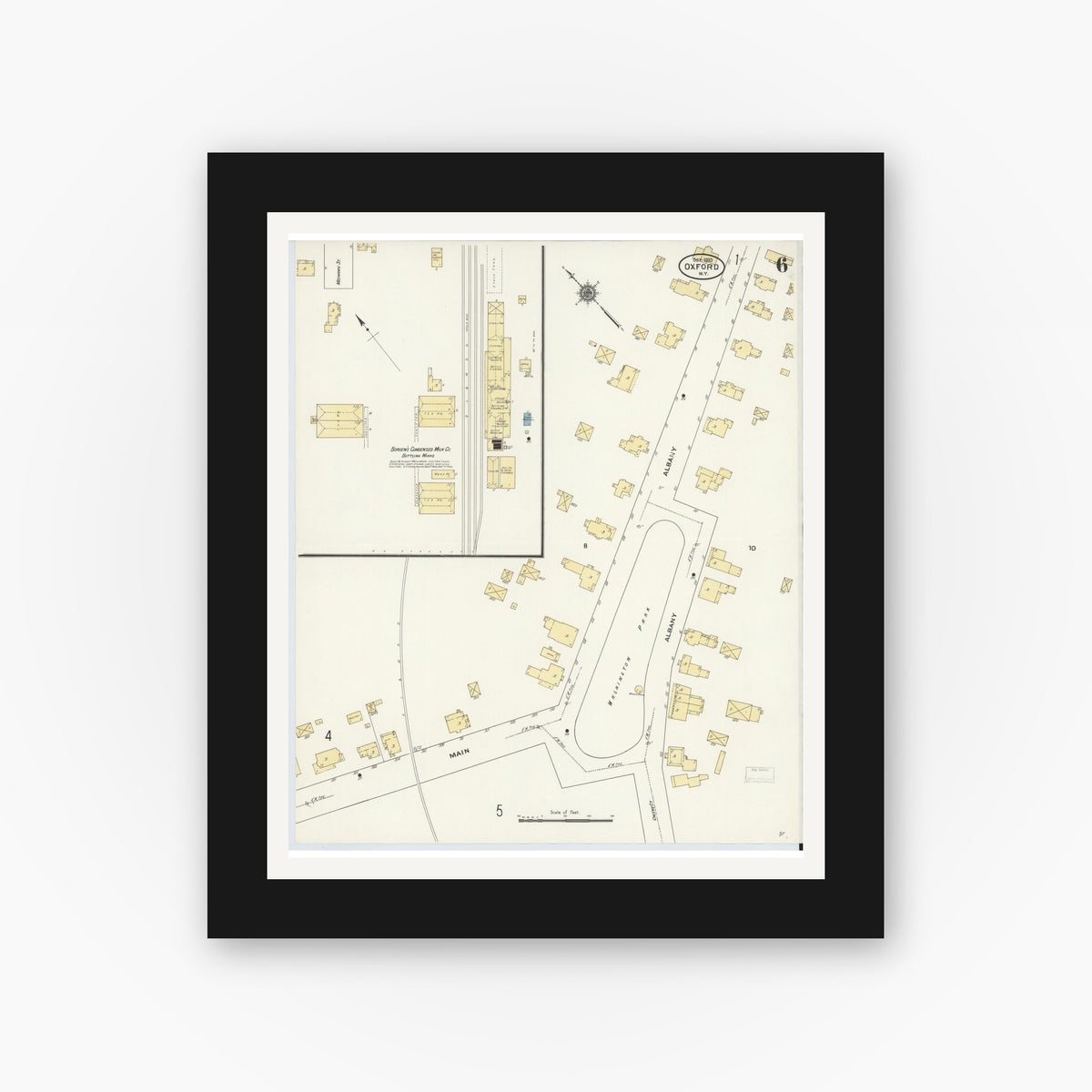 Old map wall art mockup — black gallery frame with white mat — Sanborn Fire Insurance Map from Oxford, Chenango County, New York (1910), Sheet #0006