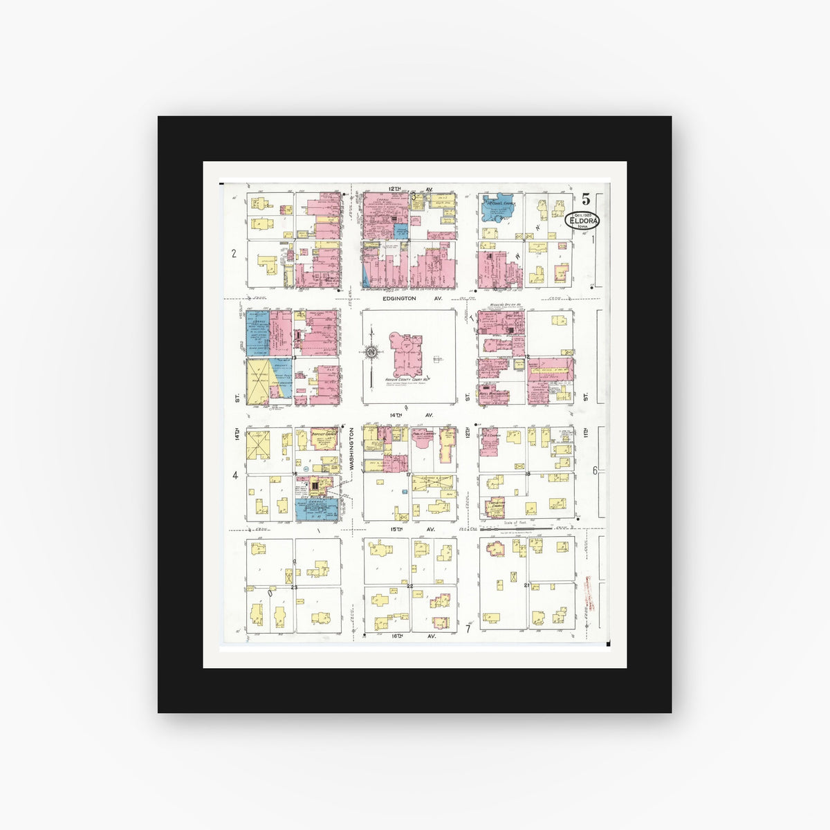 Old map wall art mockup — black gallery frame with white mat — Sanborn Fire Insurance Map from Eldora, Hardin County, Iowa (1920), Sheet #0005