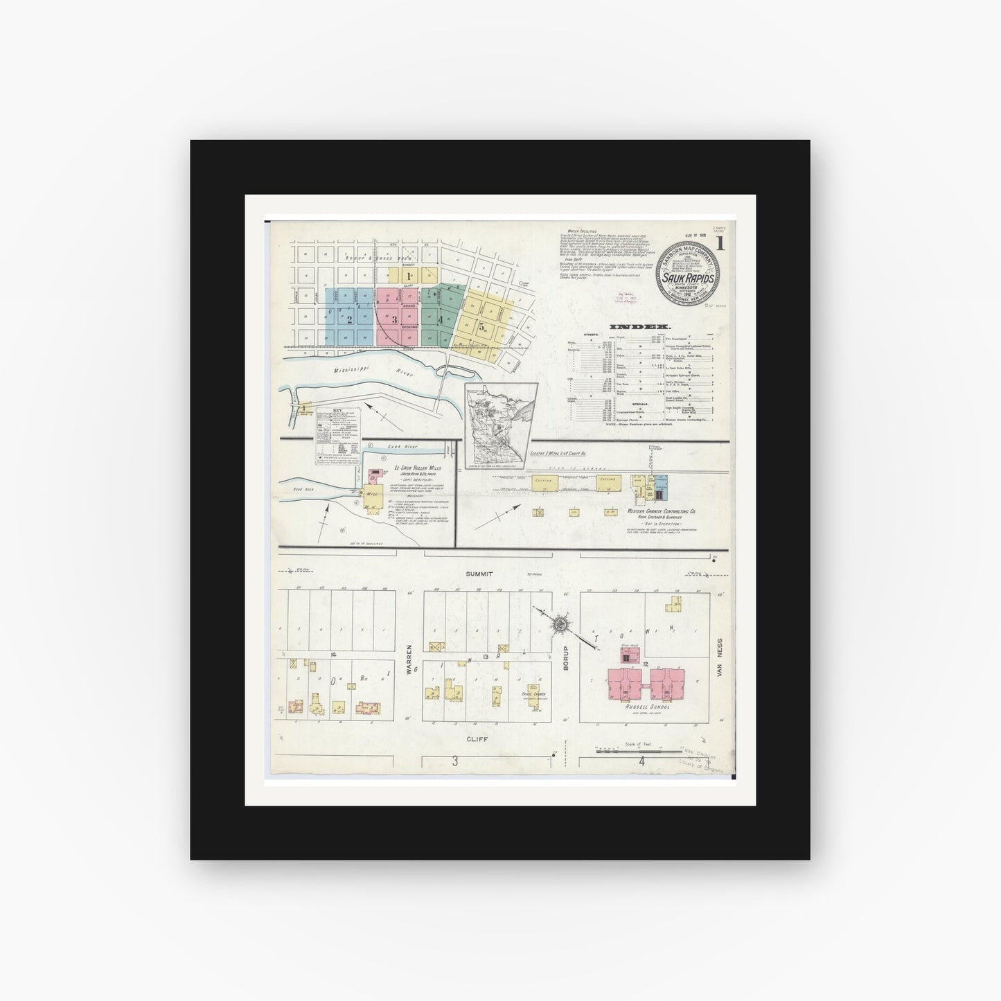 Old map wall art mockup — black gallery frame with white mat — Sanborn Fire Insurance Map from Sauk Rapids, Benton County, Minnesota (1912) - Complete Map Set