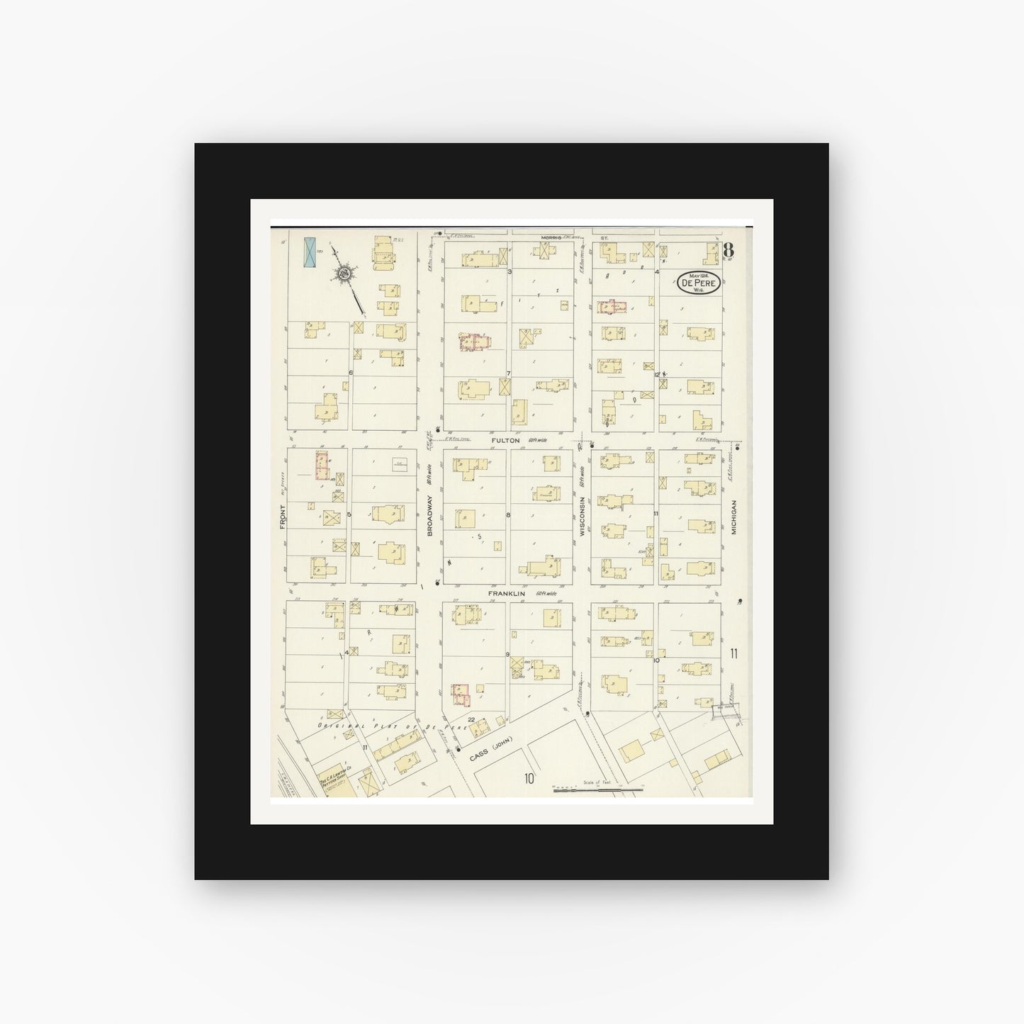 Old map wall art mockup — black gallery frame with white mat — Sanborn Fire Insurance Map from De Pere, Brown County, Wisconsin (1914), Sheet #0008