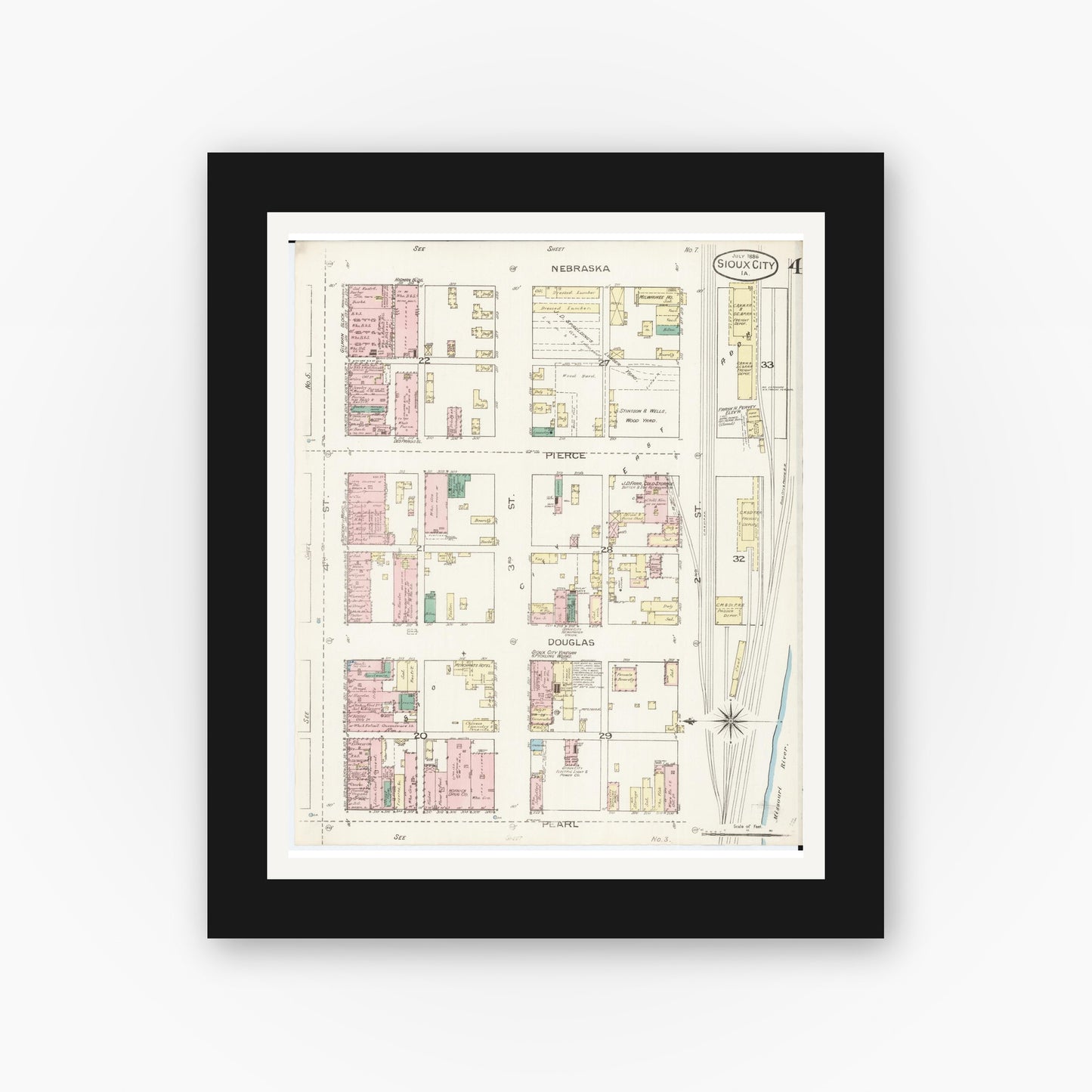 Old map wall art mockup β black gallery frame with white mat β Sanborn Fire Insurance Map from Sioux City, Woodbury County, Iowa (1886), Sheet #0004