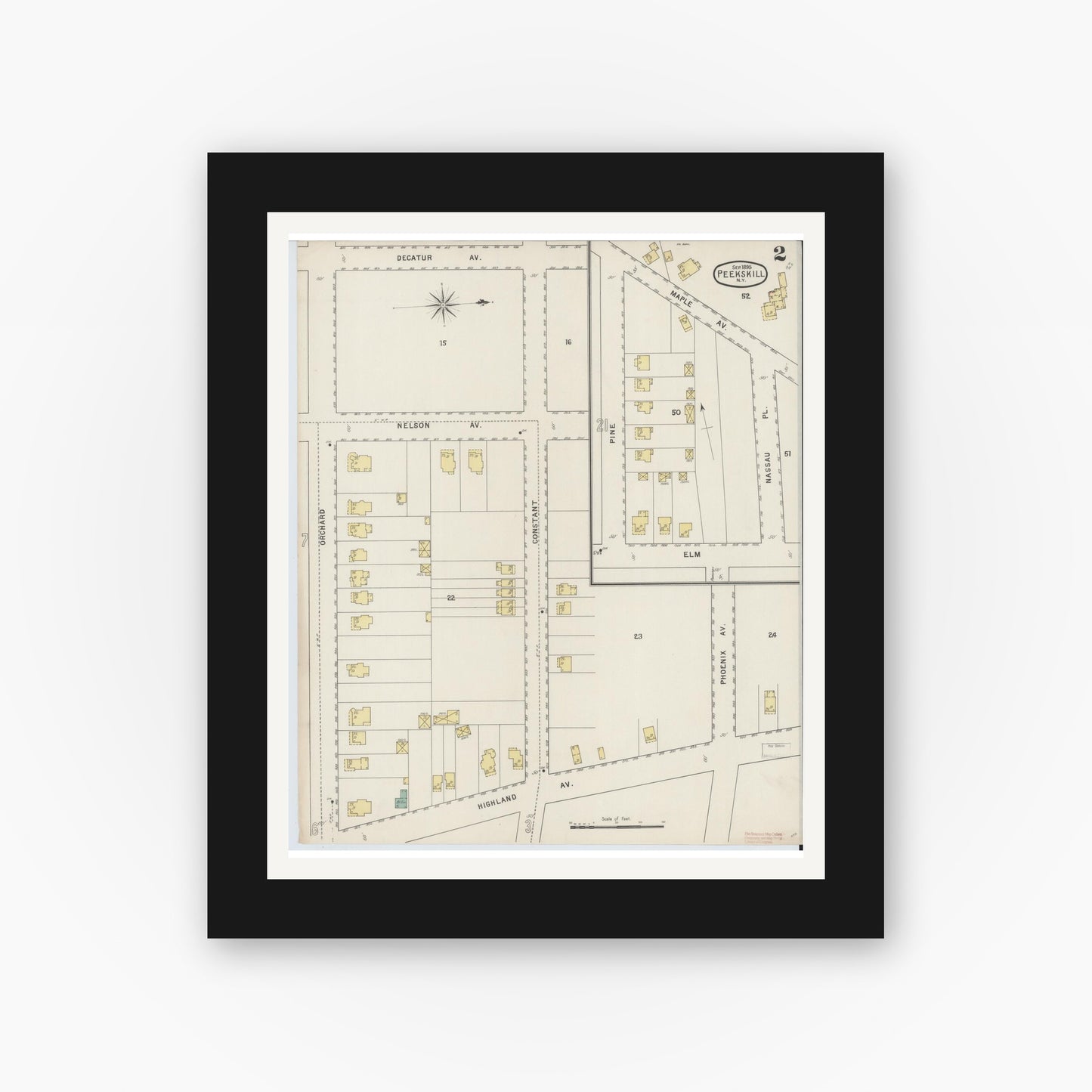 Old map wall art mockup — black gallery frame with white mat — Sanborn Fire Insurance Map from Peekskill, Westchester County, New York (1895) - Complete Map Set