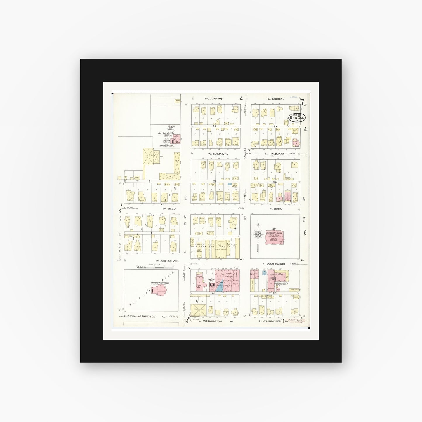 Old map wall art mockup — black gallery frame with white mat — Sanborn Fire Insurance Map from Red Oak, Montgomery County, Iowa (1914), Sheet #0007