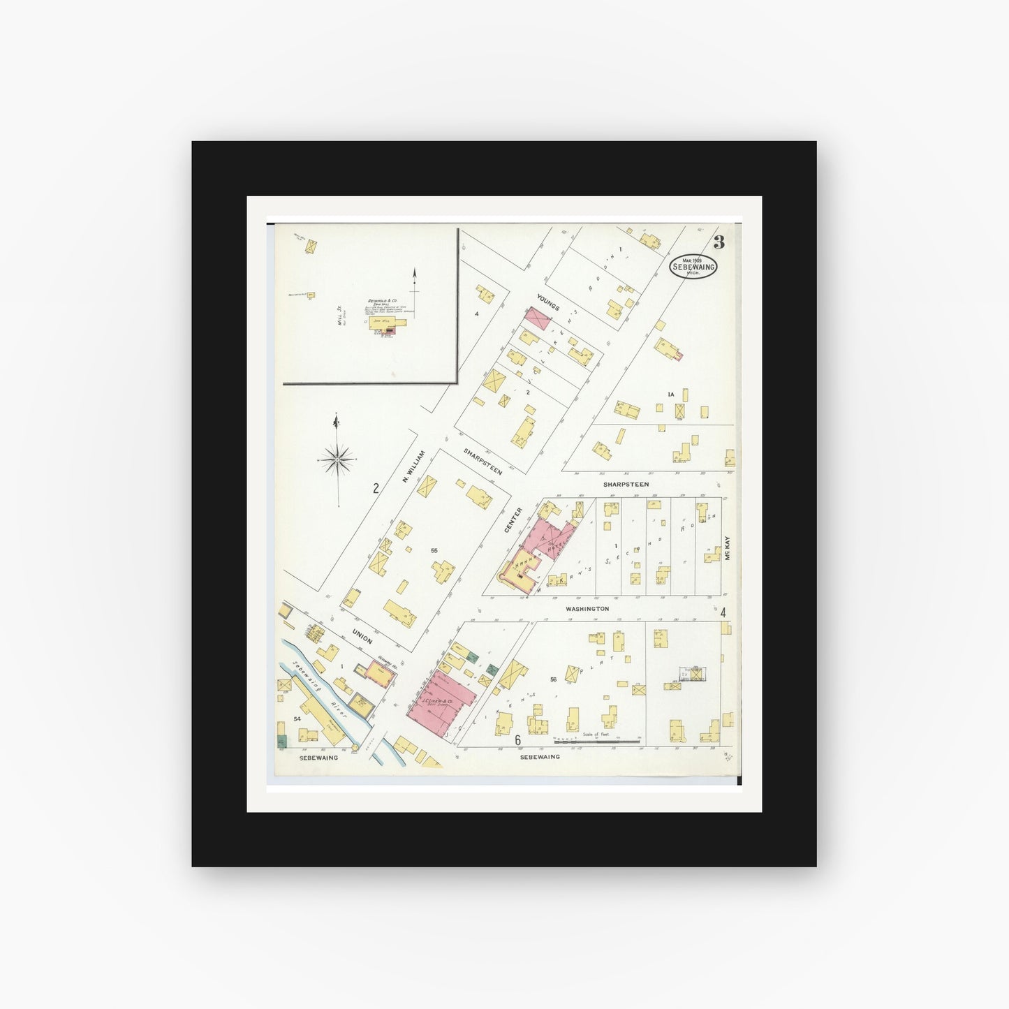 Old map wall art mockup — black gallery frame with white mat — Sanborn Fire Insurance Map from Sebewaing, Huron County, Michigan (1909), Sheet #0003