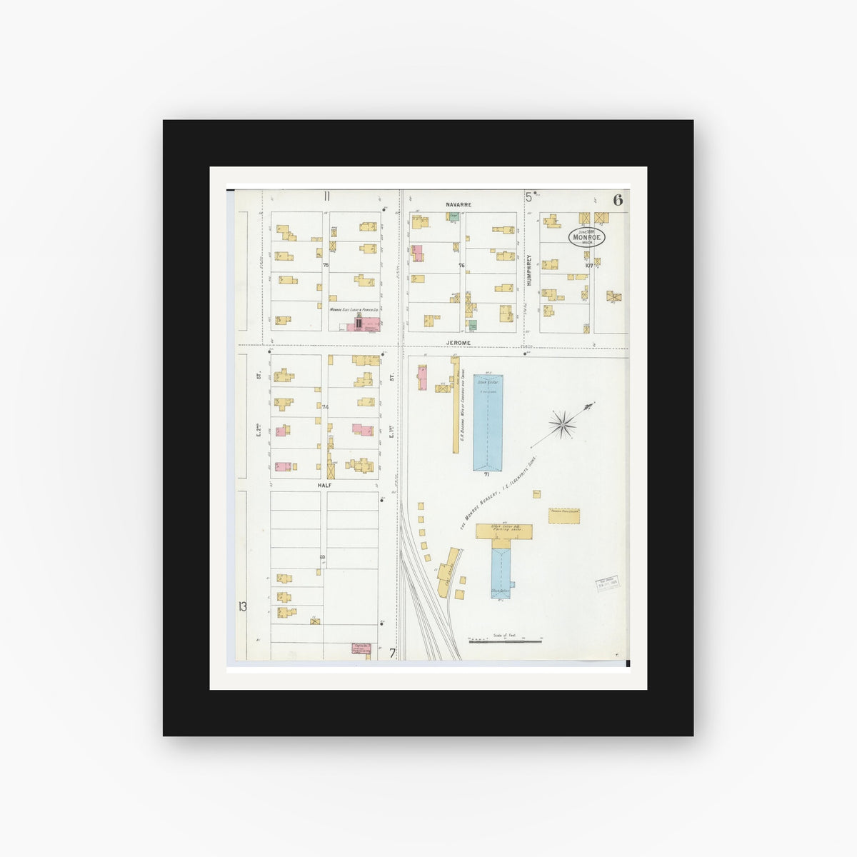 Old map wall art mockup — black gallery frame with white mat — Sanborn Fire Insurance Map from Monroe, Monroe County, Michigan (1899), Sheet #0006