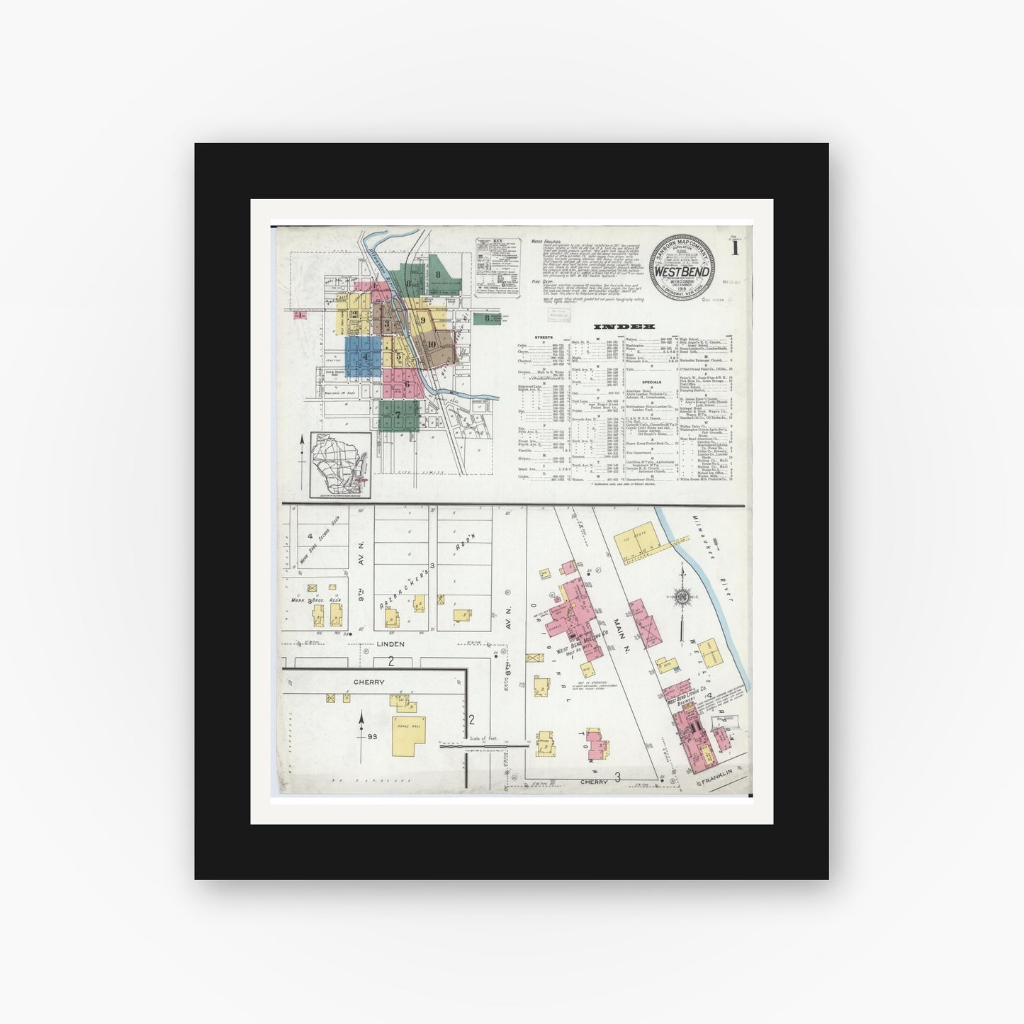 Old map wall art mockup — black gallery frame with white mat — Sanborn Fire Insurance Map from West Bend, Washington County, Wisconsin (1919), Sheet #0001
