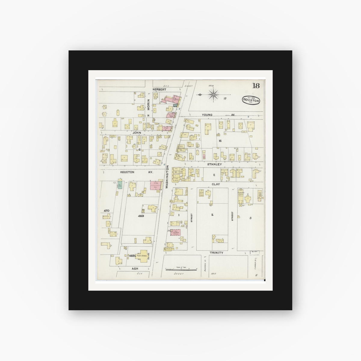 Old map wall art mockup — black gallery frame with white mat — Sanborn Fire Insurance Map from Houston, Harris County, Texas (1890), Sheet #0018