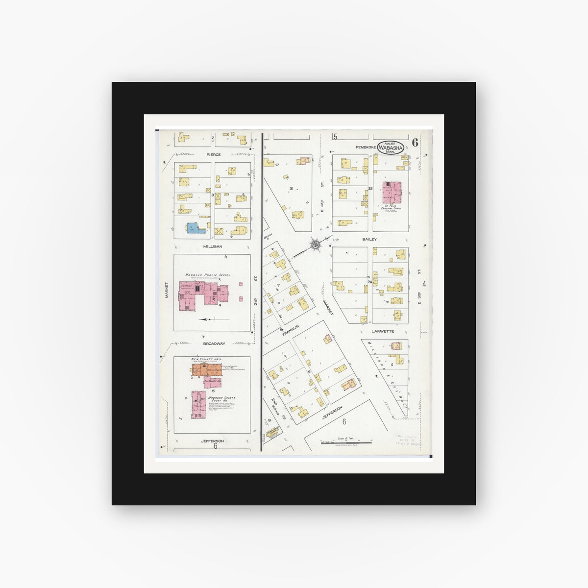 Old map wall art mockup — black gallery frame with white mat — Sanborn Fire Insurance Map from Wabasha, Wabasha County, Minnesota (1917), Sheet #0006