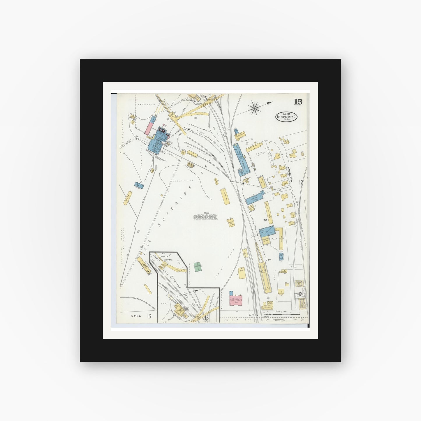 Old map wall art mockup — black gallery frame with white mat — Sanborn Fire Insurance Map from Ishpeming, Marquette County, Michigan (1904), Sheet #0015