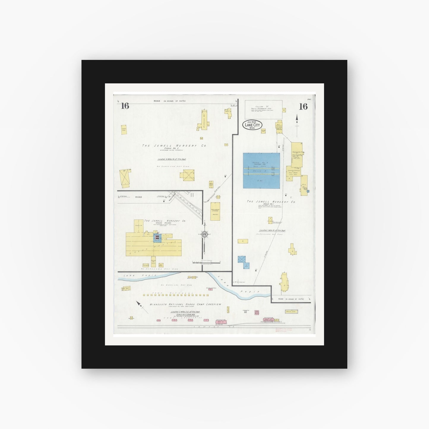 Old map wall art mockup — black gallery frame with white mat — Sanborn Fire Insurance Map from Lake City, Wabasha County, Minnesota (1930), Sheet #0016