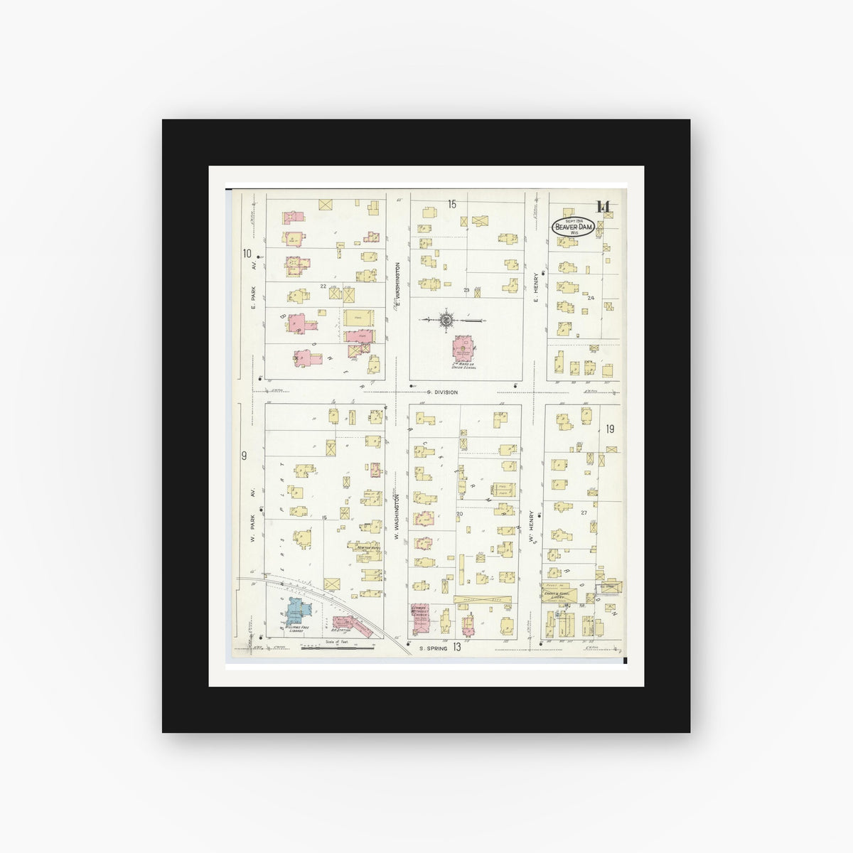 Old map wall art mockup — black gallery frame with white mat — Sanborn Fire Insurance Map from Beaver Dam, Dodge County, Wisconsin (1914), Sheet #0014