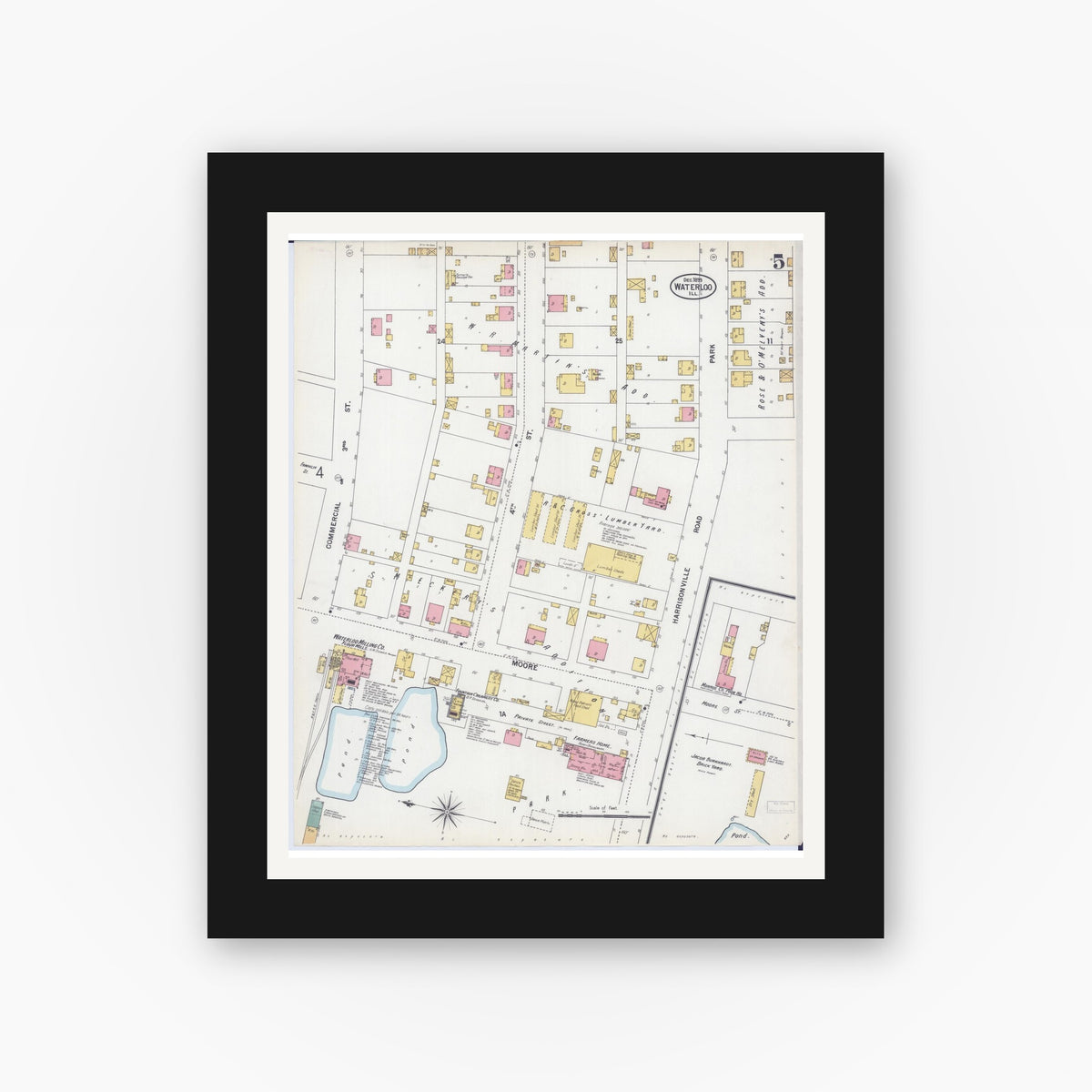 Old map wall art mockup — black gallery frame with white mat — Sanborn Fire Insurance Map from Waterloo, Monroe County, Illinois (1899), Sheet #0005