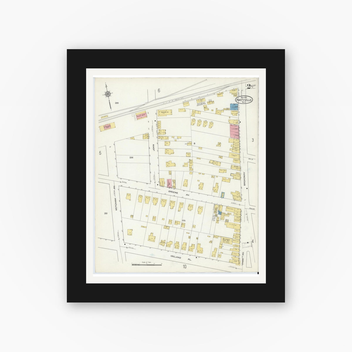Old map wall art mockup — black gallery frame with white mat — Sanborn Fire Insurance Map from Amityville, Suffolk County, New York (1915) - Complete Map Set
