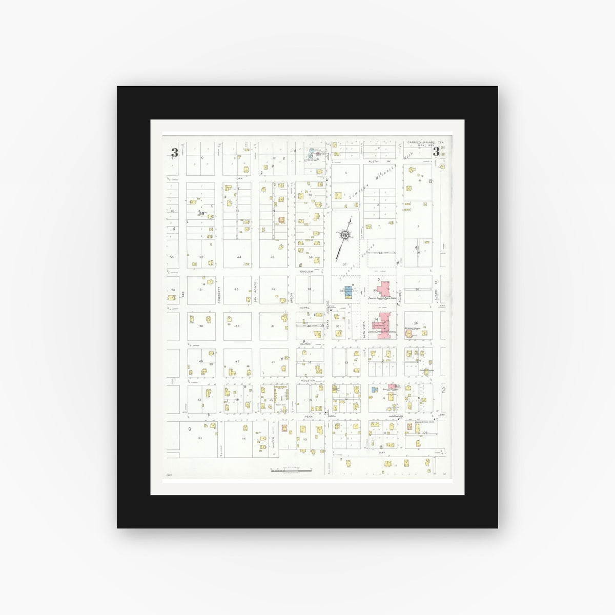 Old map wall art mockup — black gallery frame with white mat — Sanborn Fire Insurance Map from Carrizo Springs, Dimmit County, Texas (1933), Sheet #0003