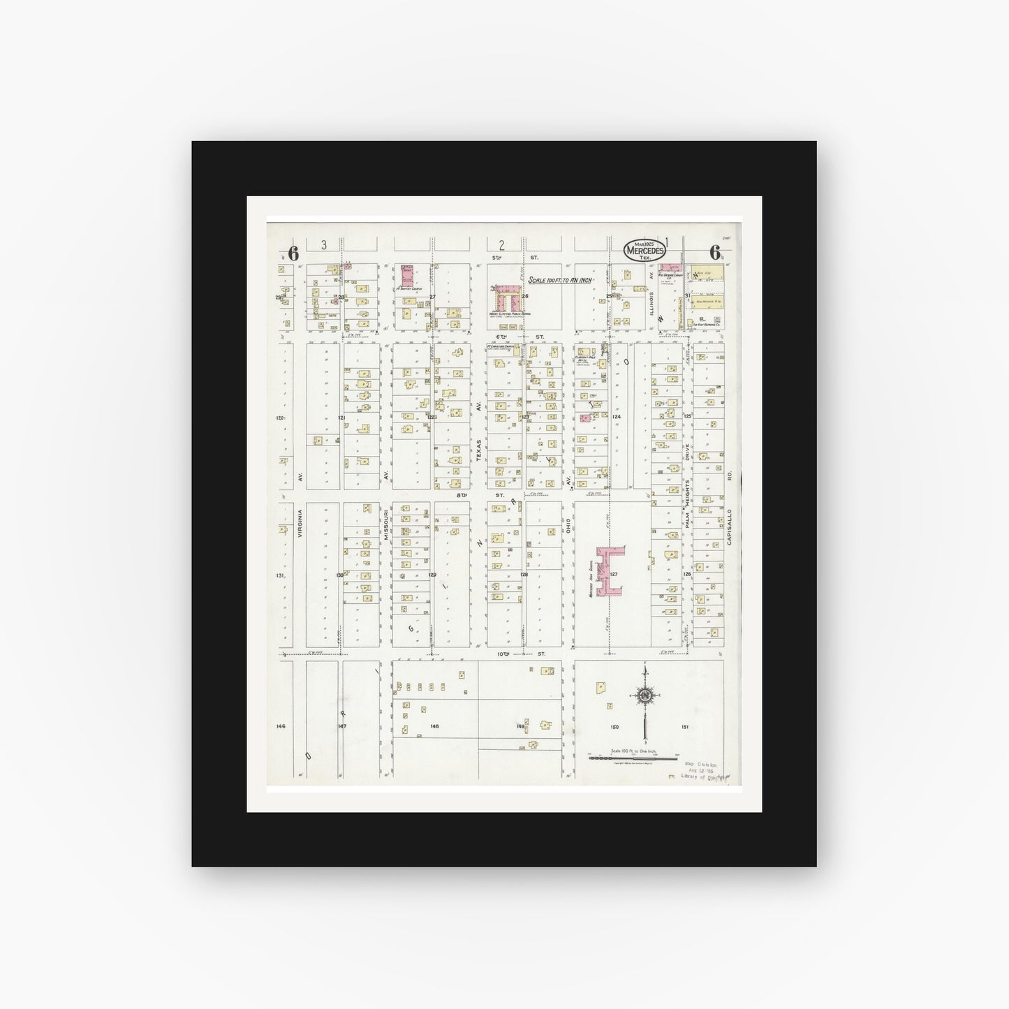 Old map wall art mockup — black gallery frame with white mat — Sanborn Fire Insurance Map from Mercedes, Hidalgo County, Texas (1925), Sheet #0006