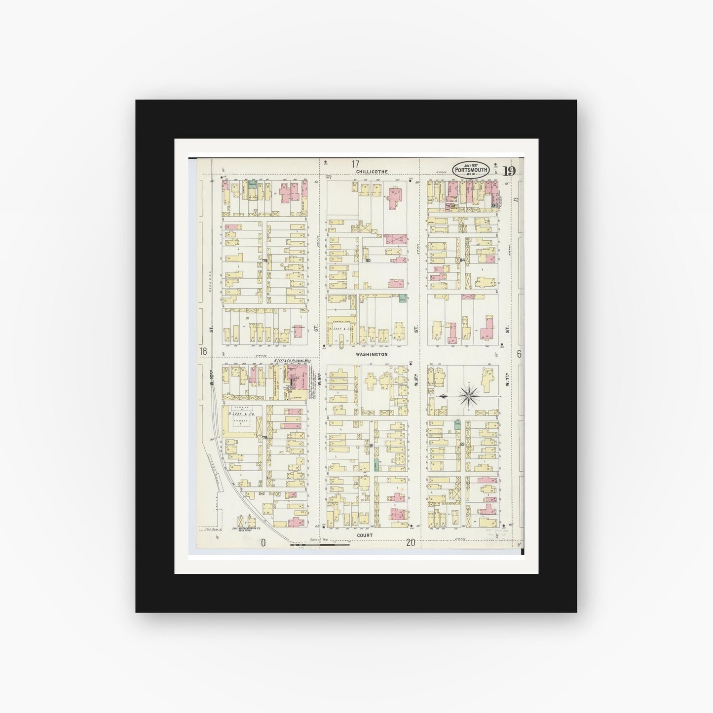 Old map wall art mockup — black gallery frame with white mat — Sanborn Fire Insurance Map from Portsmouth, Scioto County, Ohio (1897), Sheet #0019