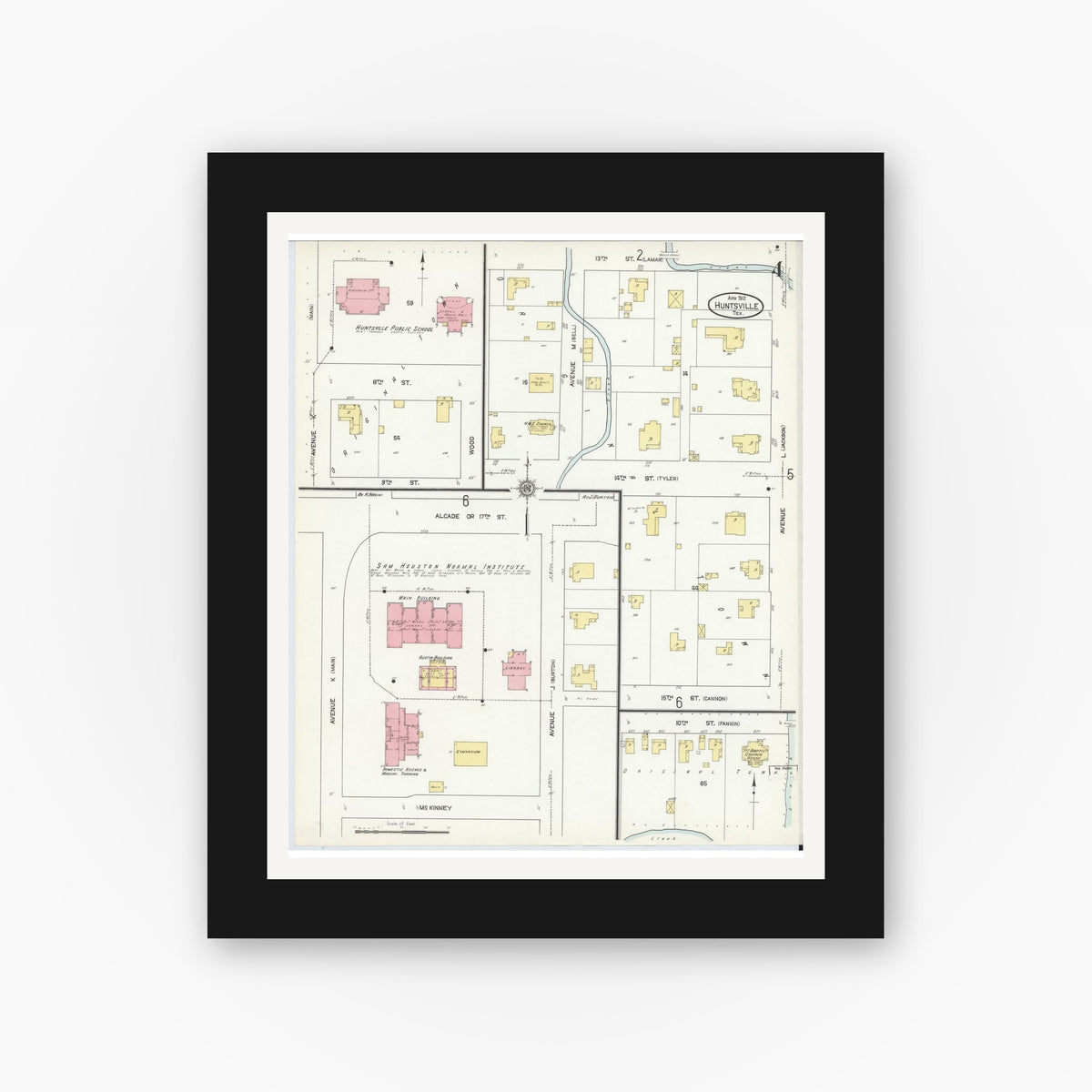 Old map wall art mockup — black gallery frame with white mat — Sanborn Fire Insurance Map from Huntsville, Walker County, Texas (1912), Sheet #0004