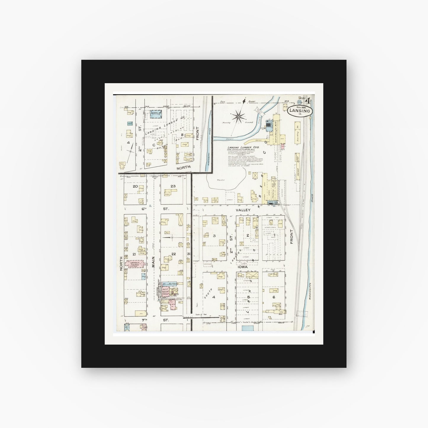 Old map wall art mockup — black gallery frame with white mat — Sanborn Fire Insurance Map from Lansing, Allamakee County, Iowa (1886), Sheet #0004