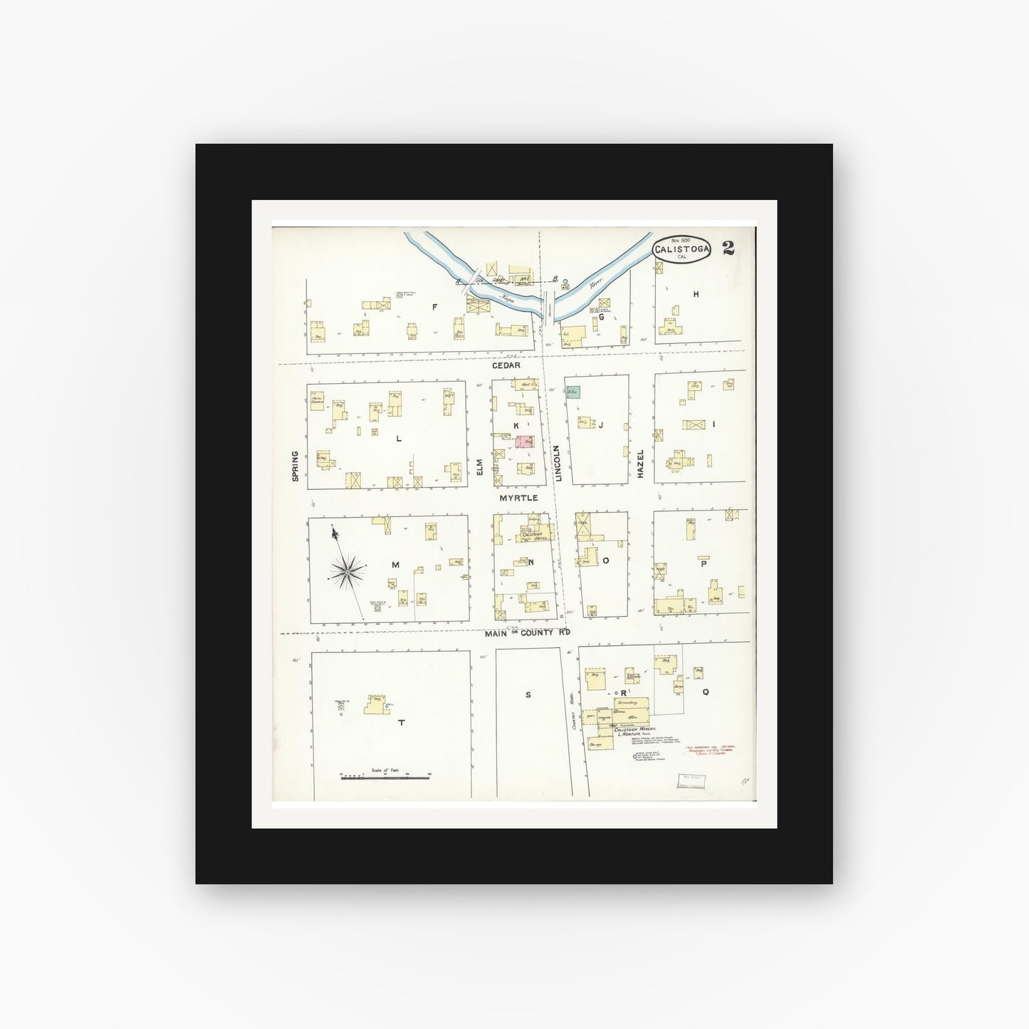 Old map wall art mockup — black gallery frame with white mat — Sanborn Fire Insurance Map from Calistoga, Napa County, California (1890), Sheet #0002