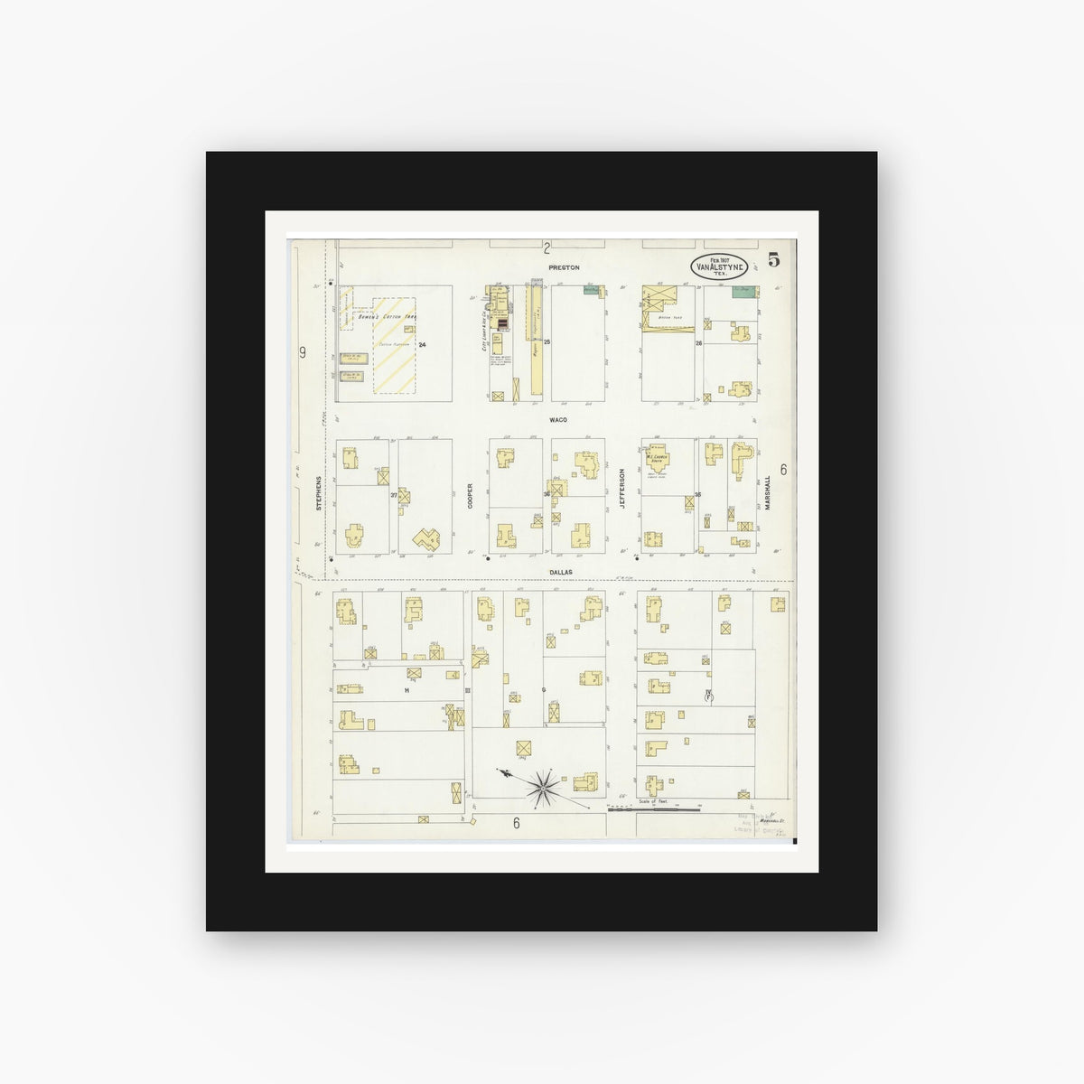 Old map wall art mockup — black gallery frame with white mat — Sanborn Fire Insurance Map from Van Alstyne, Grayson County, Texas (1907), Sheet #0005