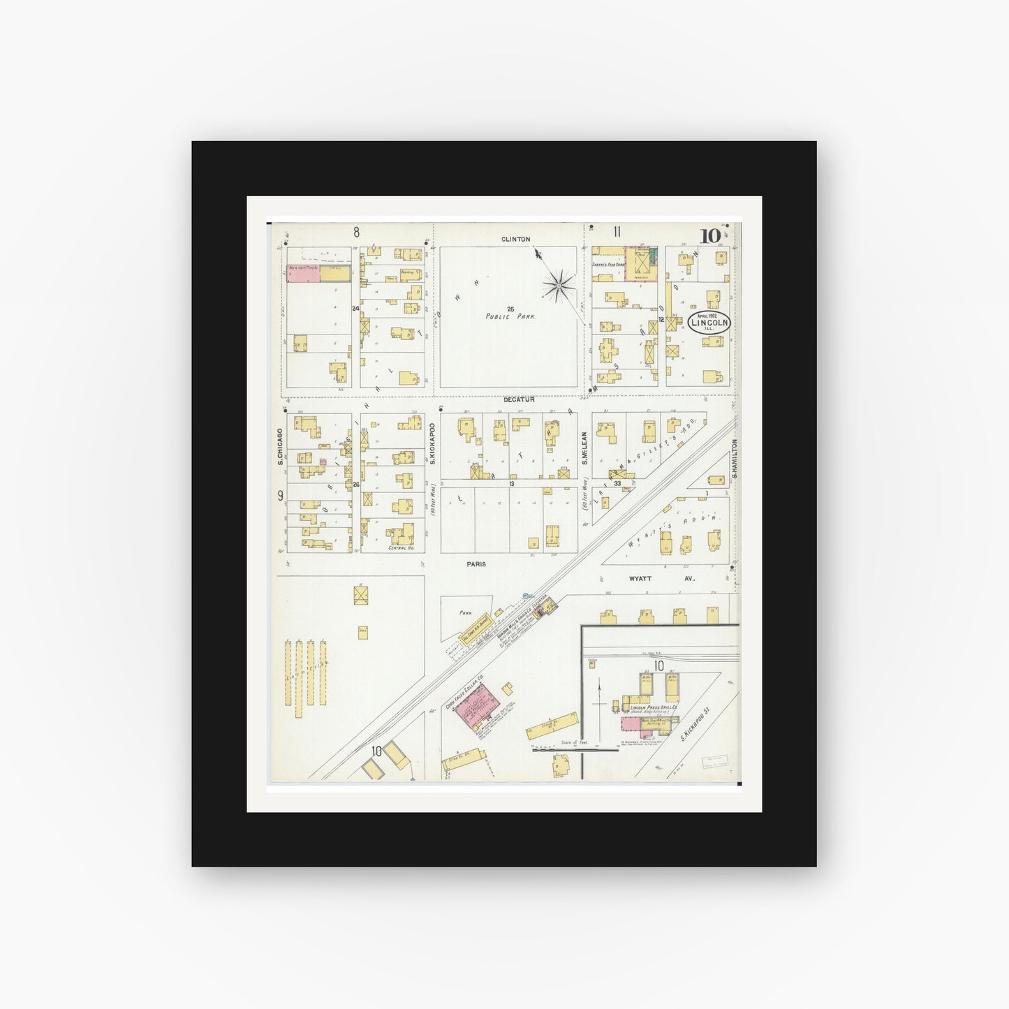 Old map wall art mockup — black gallery frame with white mat — Sanborn Fire Insurance Map from Lincoln, Logan County, Illinois (1902), Sheet #0010