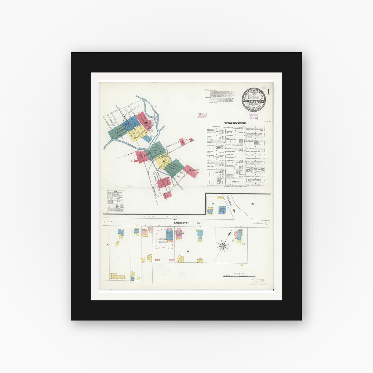 Old map wall art mockup — black gallery frame with white mat — Sanborn Fire Insurance Map from Downingtown, Chester County, Pennsylvania (1909), Sheet #0001