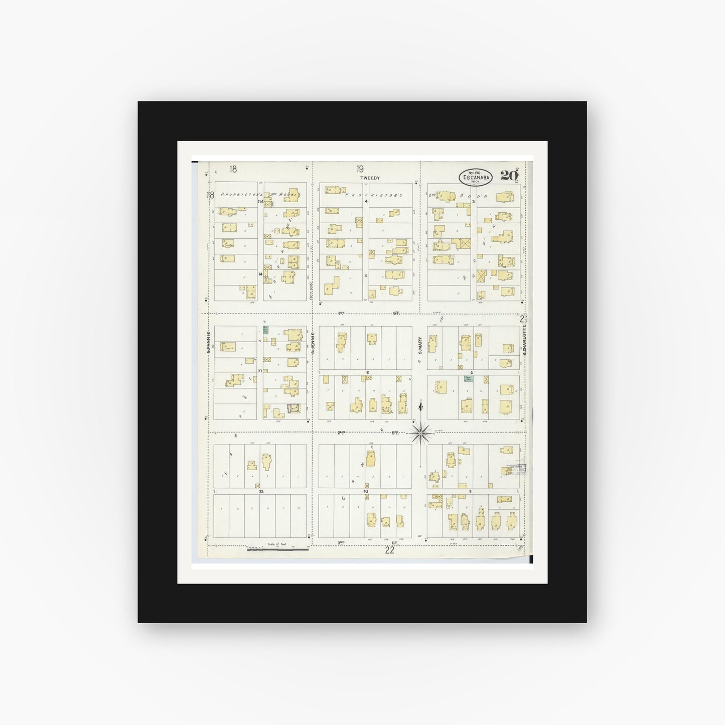Old map wall art mockup — black gallery frame with white mat — Sanborn Fire Insurance Map from Escanaba, Delta County, Michigan (1906), Sheet #0020