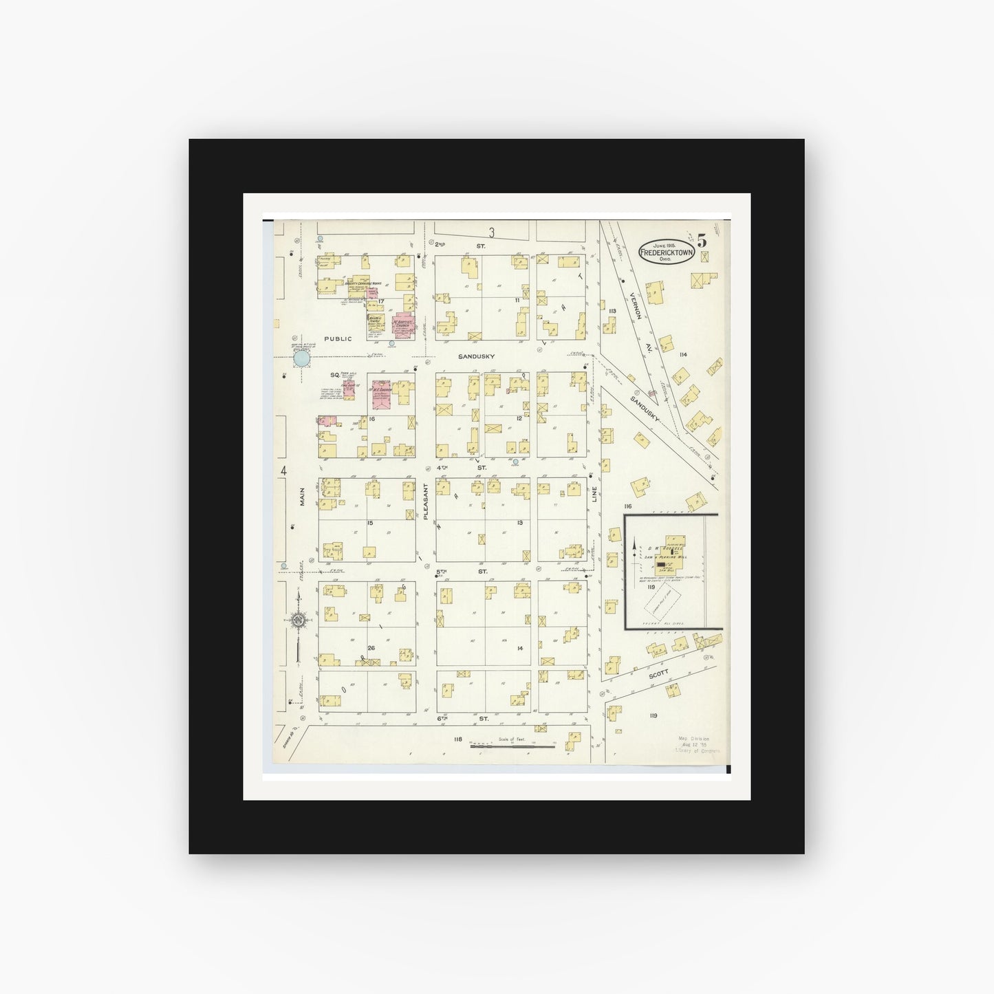 Old map wall art mockup — black gallery frame with white mat — Sanborn Fire Insurance Map from Fredericktown, Knox County, Ohio (1915), Sheet #0005