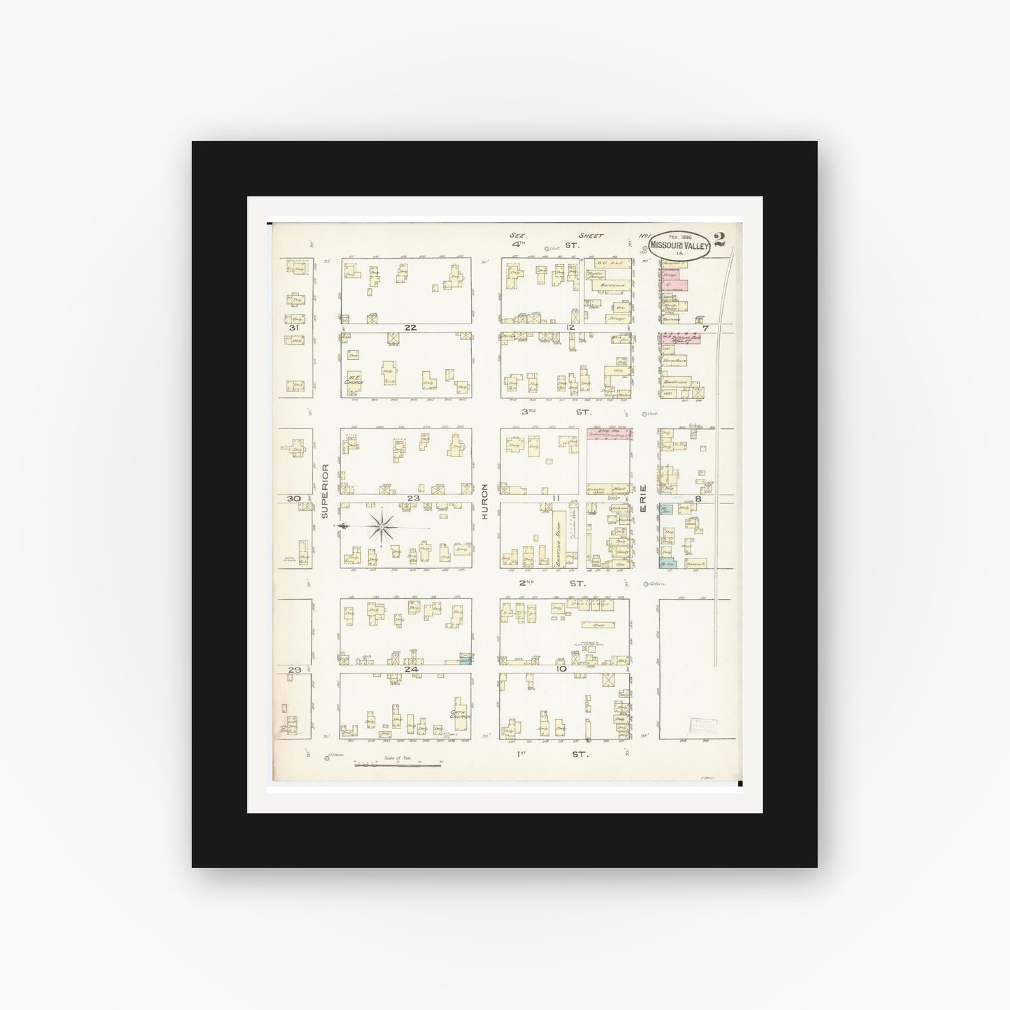 Old map wall art mockup — black gallery frame with white mat — Sanborn Fire Insurance Map from Missouri Valley, Harrison County, Iowa (1886), Sheet #0002