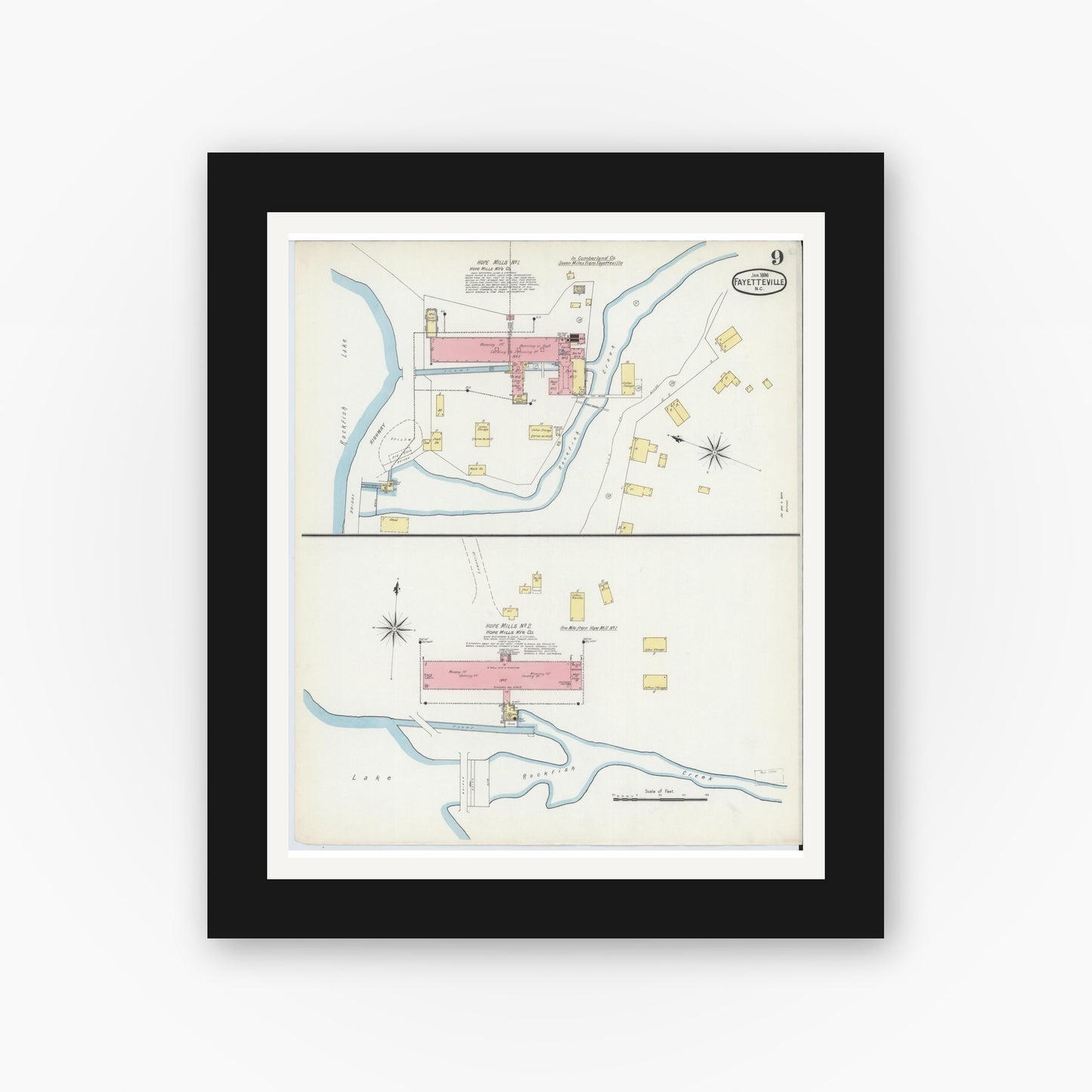 Old map wall art mockup — black gallery frame with white mat — Sanborn Fire Insurance Map from Fayetteville, Cumberland County, North Carolina (1896), Sheet #0009