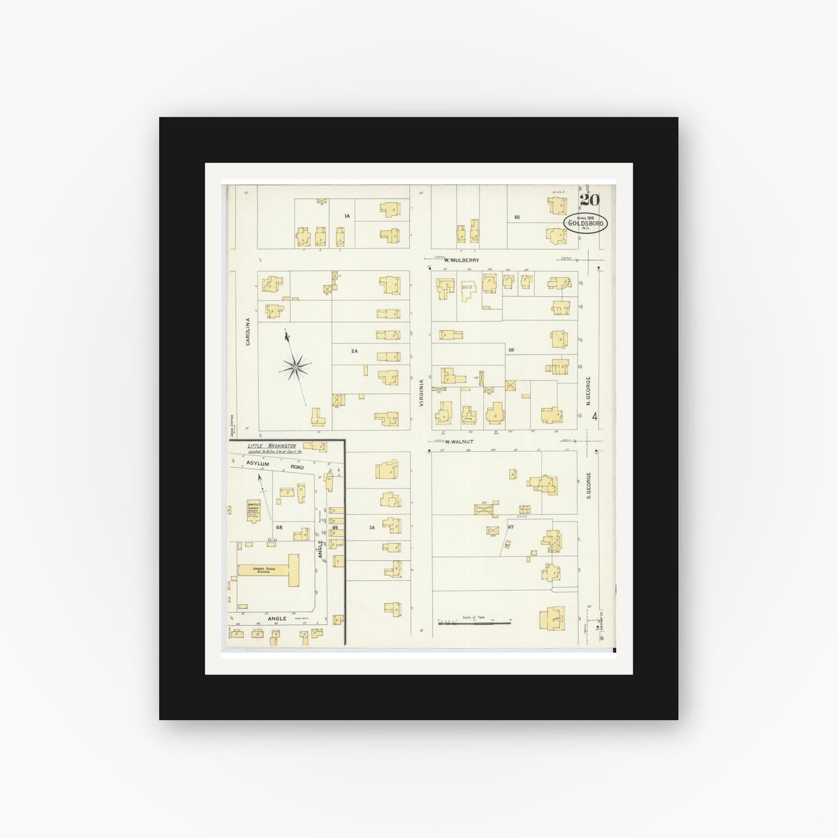 Old map wall art mockup — black gallery frame with white mat — Sanborn Fire Insurance Map from Goldsboro, Wayne County, North Carolina (1908), Sheet #0020