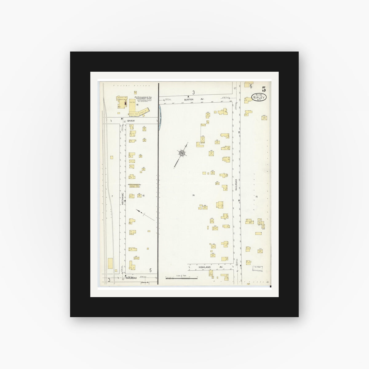 Old map wall art mockup — black gallery frame with white mat — Sanborn Fire Insurance Map from Ripley, Chautauqua County, New York (1912), Sheet #0005