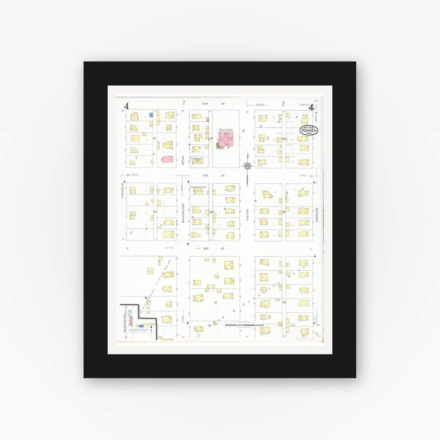 Old map wall art mockup β black gallery frame with white mat β Sanborn Fire Insurance Map from Remsen, Plymouth County, Iowa (1929), Sheet #0004