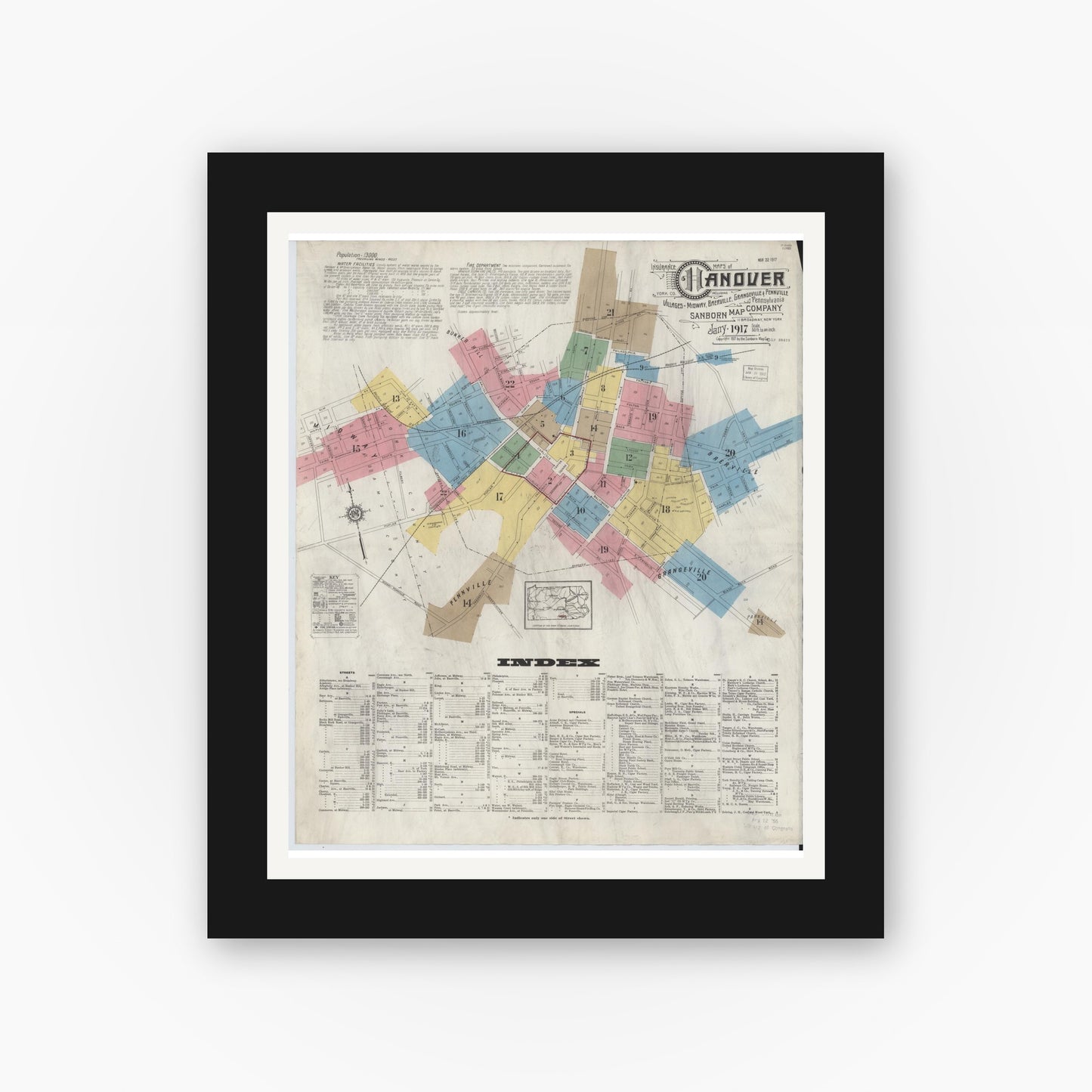 Old map wall art mockup — black gallery frame with white mat — Sanborn Fire Insurance Map from Hanover, York County, Pennsylvania (1917), Sheet #0001