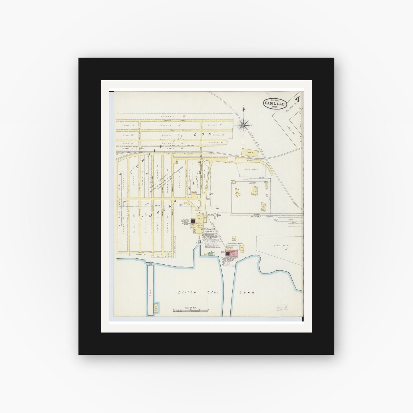Old map wall art mockup — black gallery frame with white mat — Sanborn Fire Insurance Map from Cadillac, Wexford County, Michigan (1890), Sheet #0004