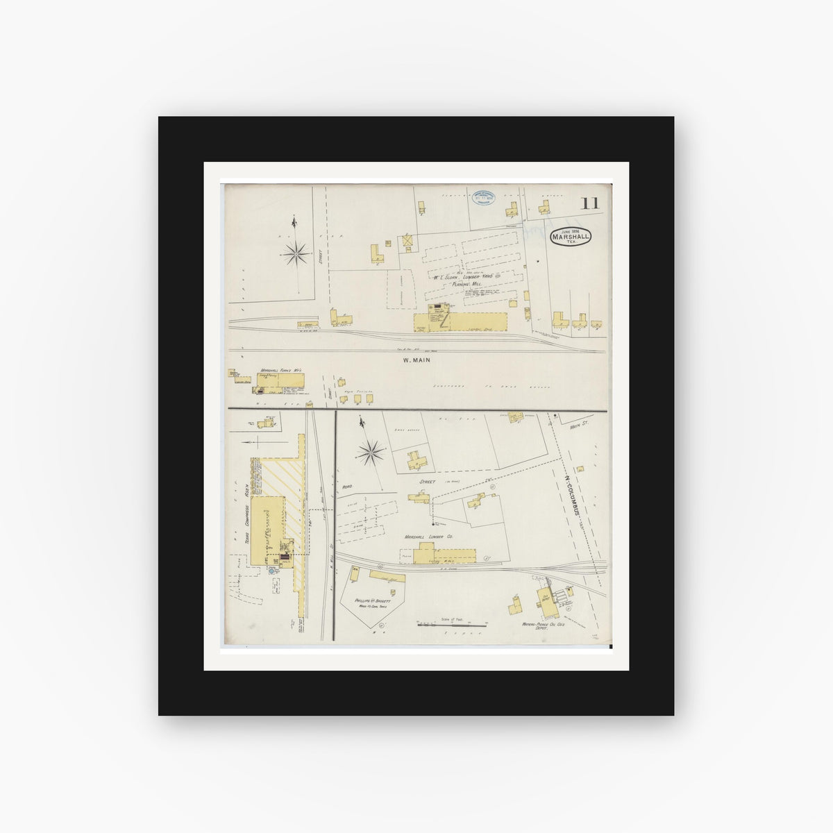 Old map wall art mockup — black gallery frame with white mat — Sanborn Fire Insurance Map from Marshall, Harrison County, Texas (1894), Sheet #0011