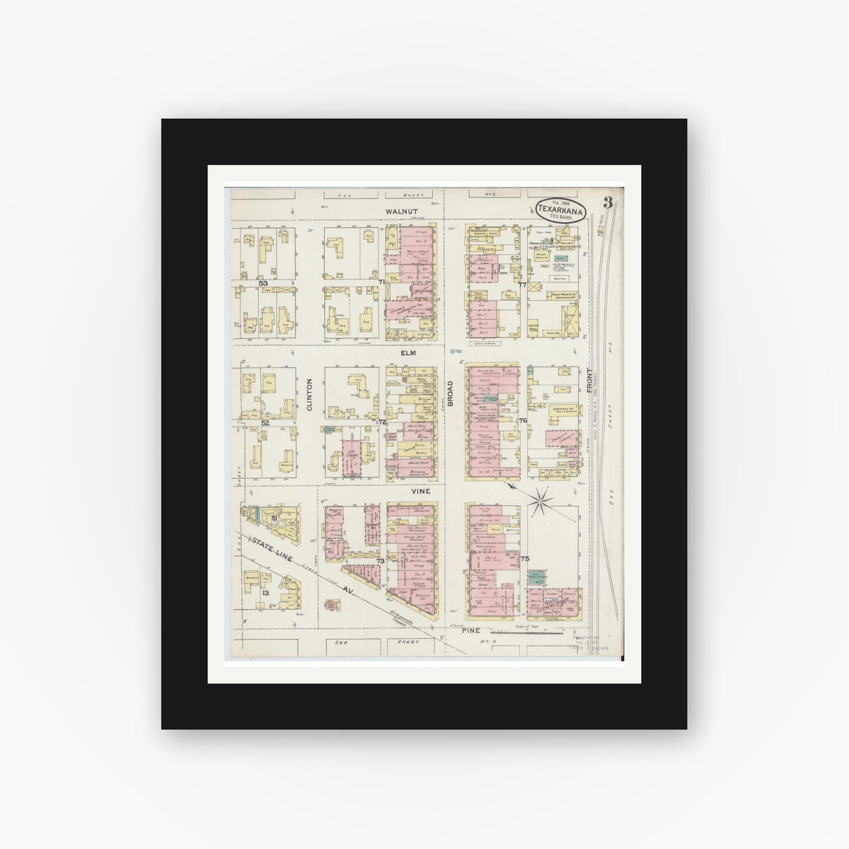 Old map wall art mockup — black gallery frame with white mat — Sanborn Fire Insurance Map from Texarkana, Bowie County, Texas (1888), Sheet #0003