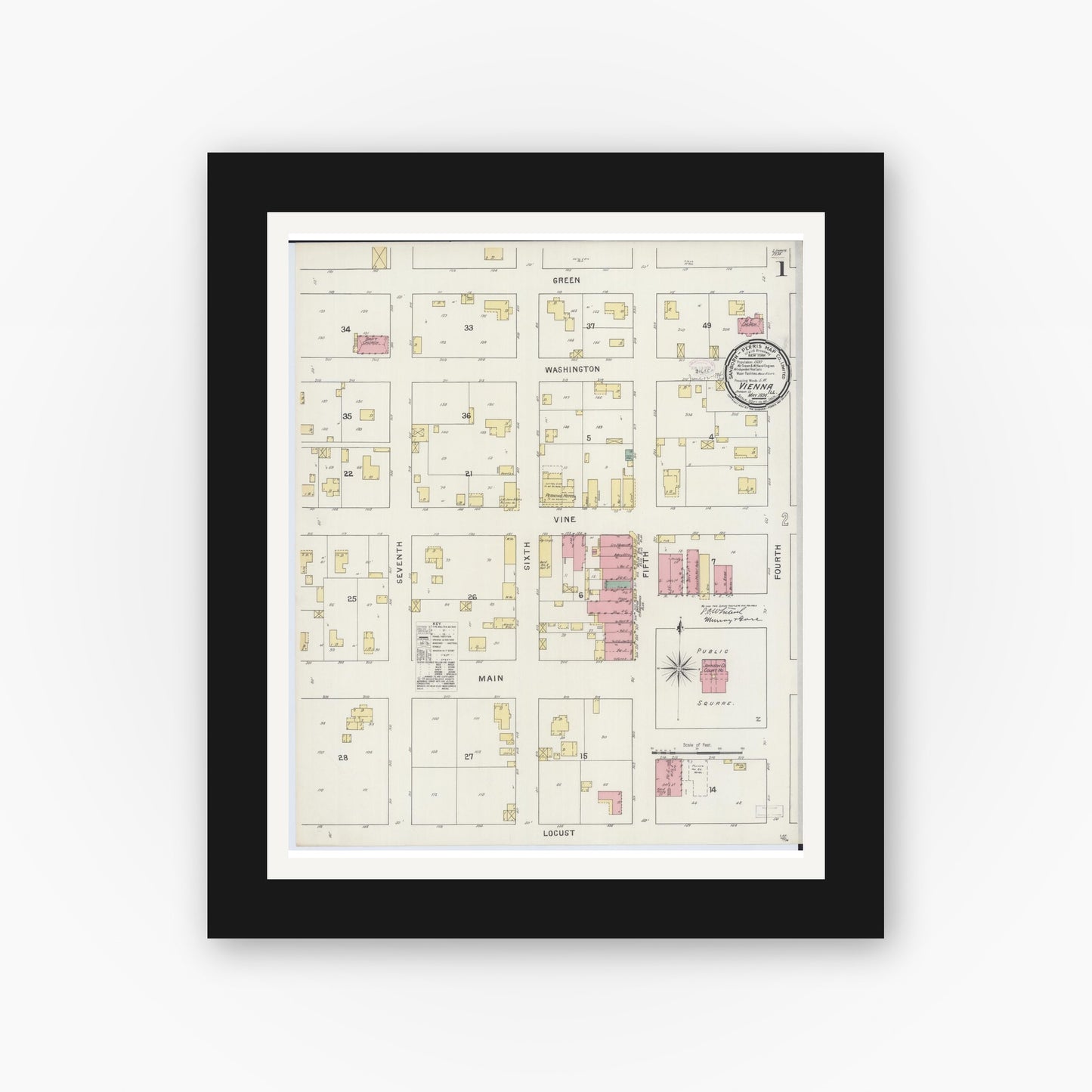 Old map wall art mockup — black gallery frame with white mat — Sanborn Fire Insurance Map from Vienna, Johnson County, Illinois (1894) - Complete Map Set