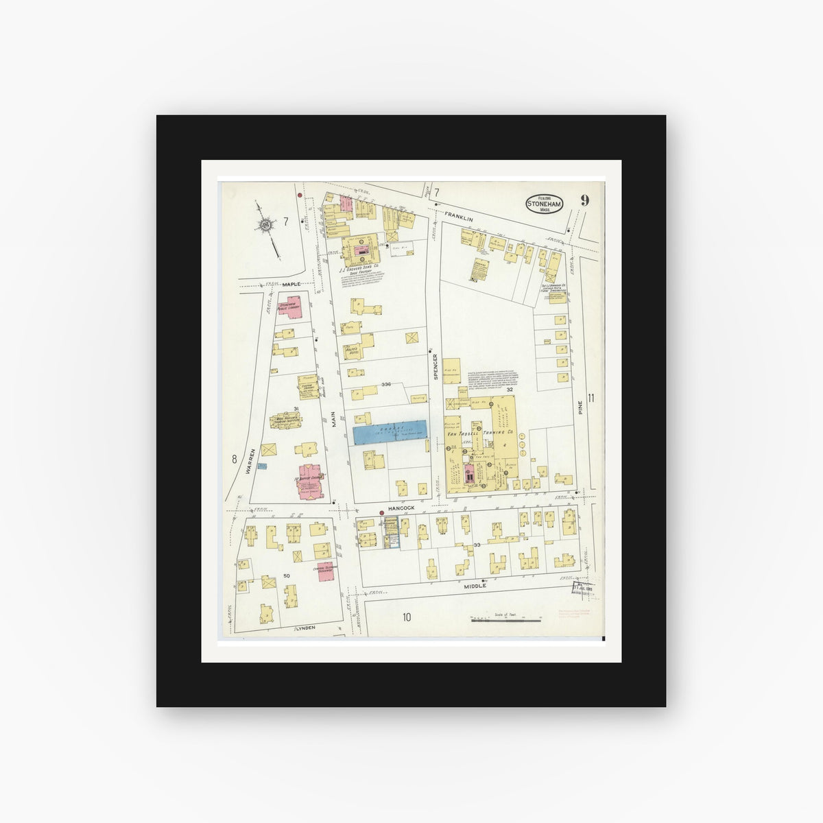 Old map wall art mockup — black gallery frame with white mat — Sanborn Fire Insurance Map from Stoneham, Middlesex County, Massachusetts (1916), Sheet #0009