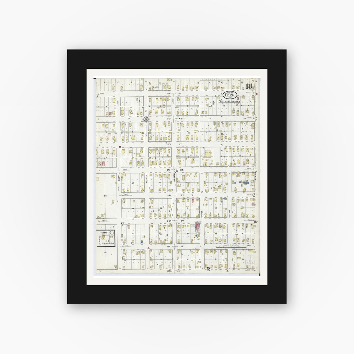 Old map wall art mockup — black gallery frame with white mat — Sanborn Fire Insurance Map from Peru, La Salle County, Illinois (1916), Sheet #0018