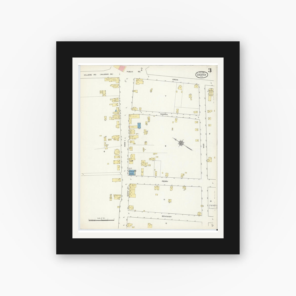 Old map wall art mockup — black gallery frame with white mat — Sanborn Fire Insurance Map from Chester, Morris County, New Jersey (1912), Sheet #0003