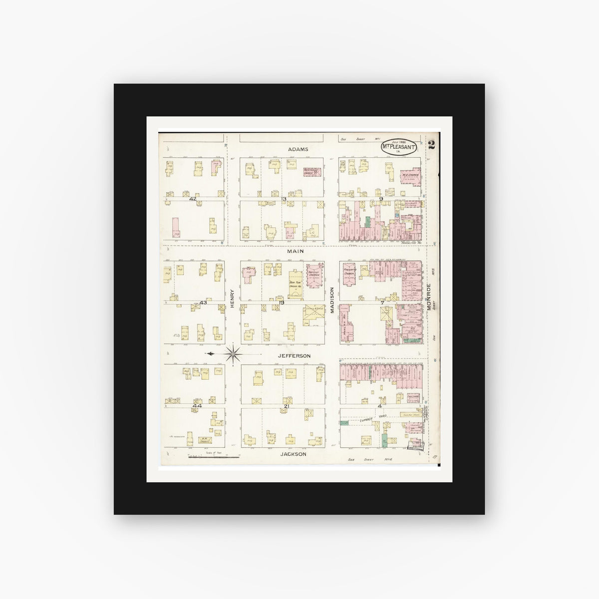 Old map wall art mockup — black gallery frame with white mat — Sanborn Fire Insurance Map from Mount Pleasant, Henry County, Iowa (1886), Sheet #0002