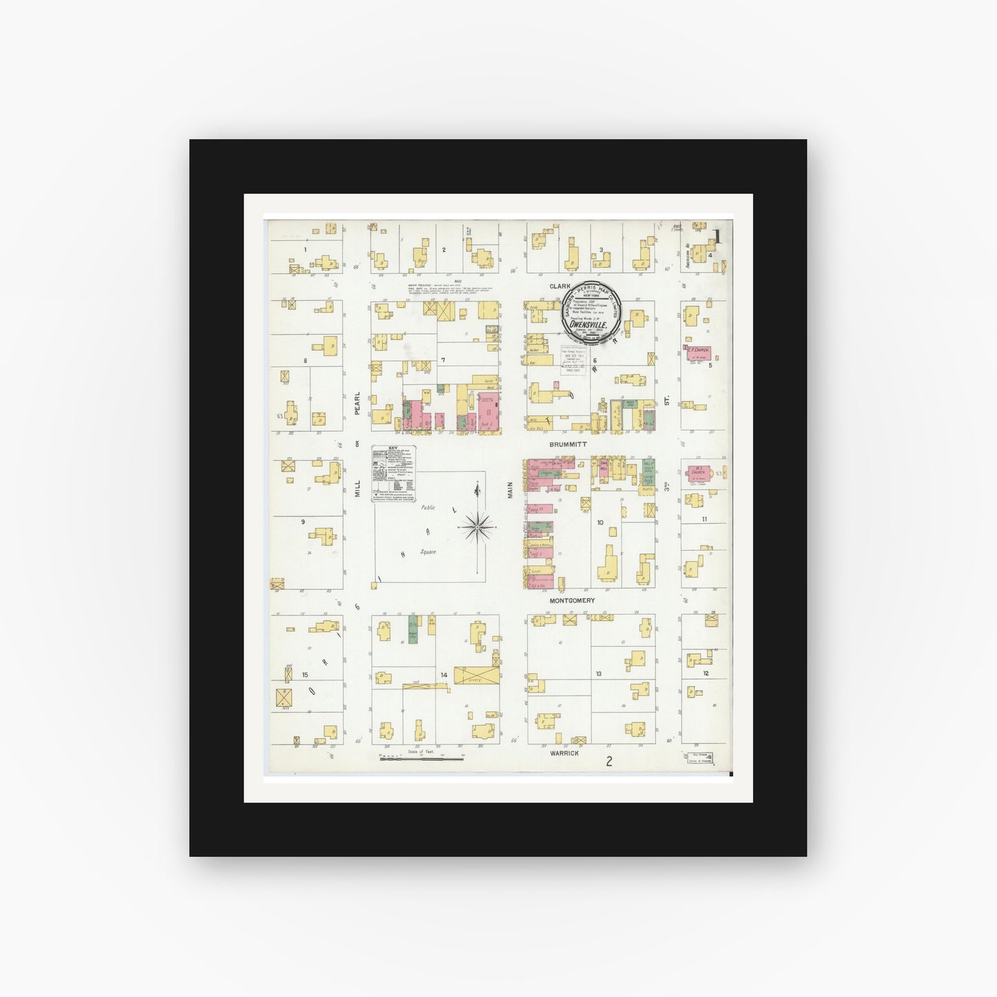 Old map wall art mockup — black gallery frame with white mat — Sanborn Fire Insurance Map from Owensville, Gibson County, Indiana (1900), Sheet #0001