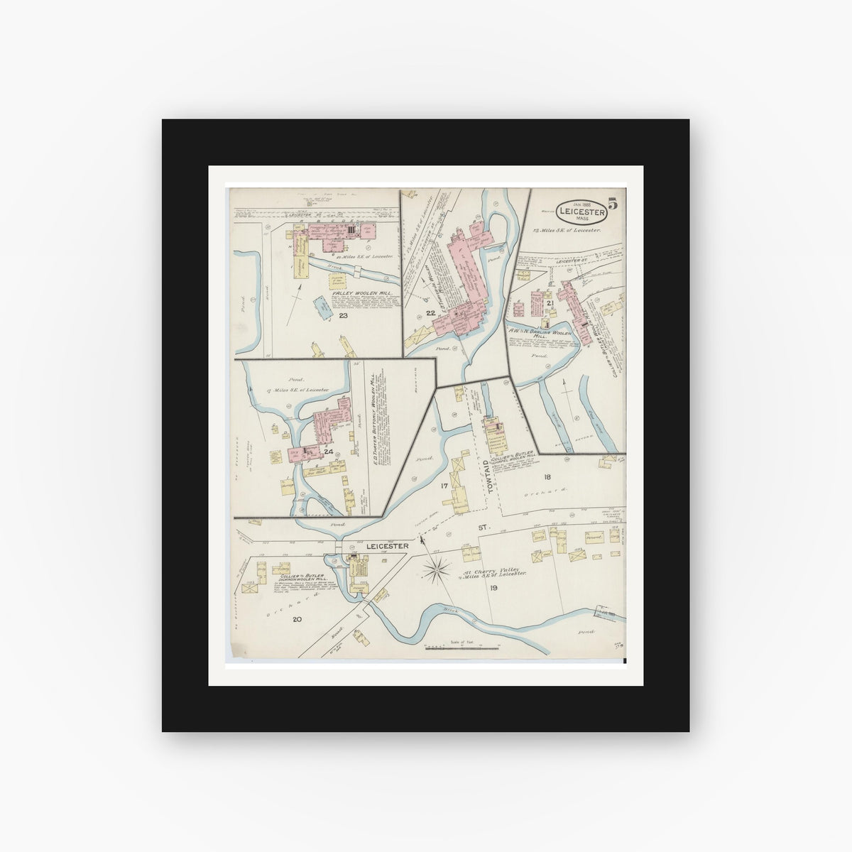 Old map wall art mockup — black gallery frame with white mat — Sanborn Fire Insurance Map from Leicester, Worcester County, Massachusetts (1888), Sheet #0005