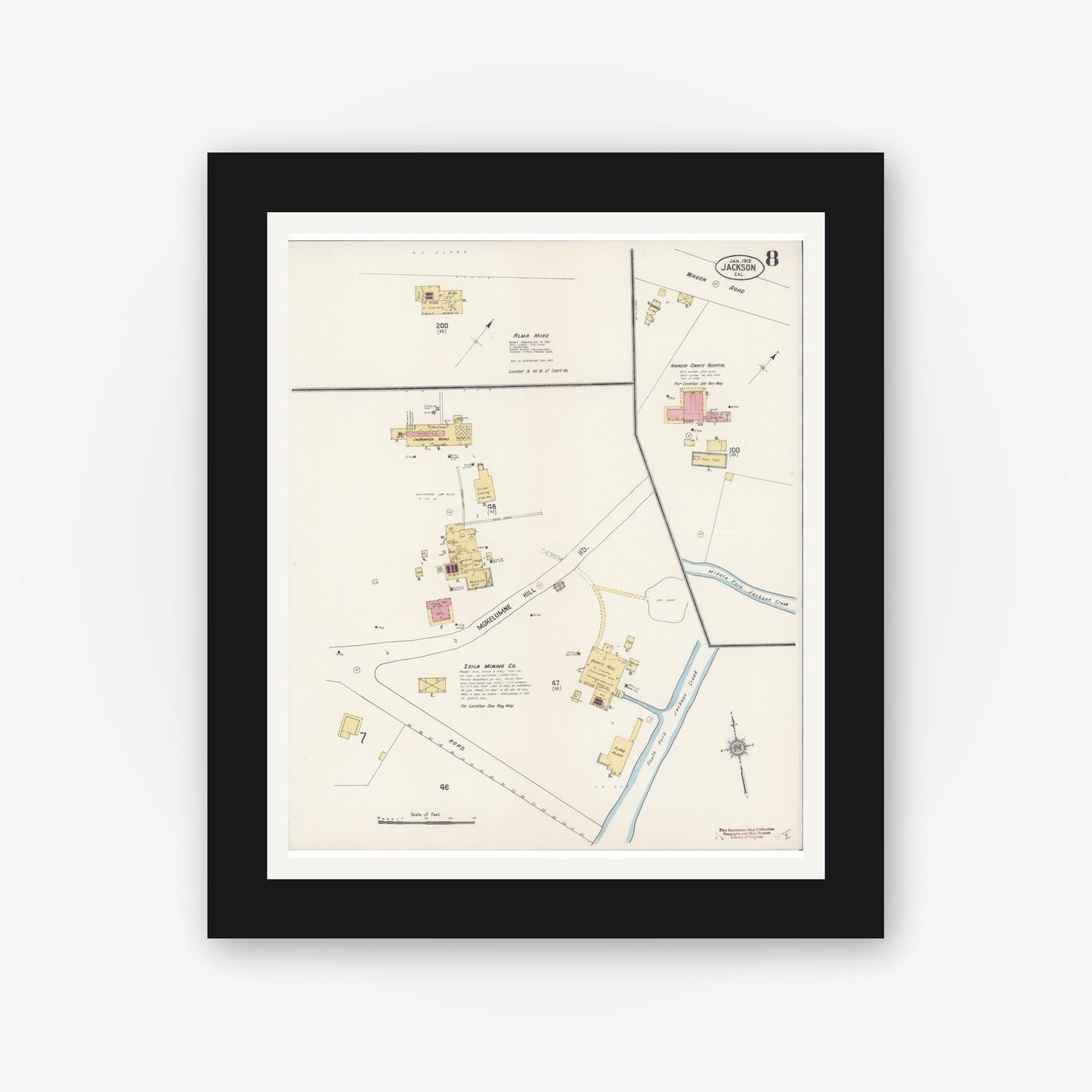 Old map wall art mockup — black gallery frame with white mat — Sanborn Fire Insurance Map from Jackson, Amador County, California (1912), Sheet #0008