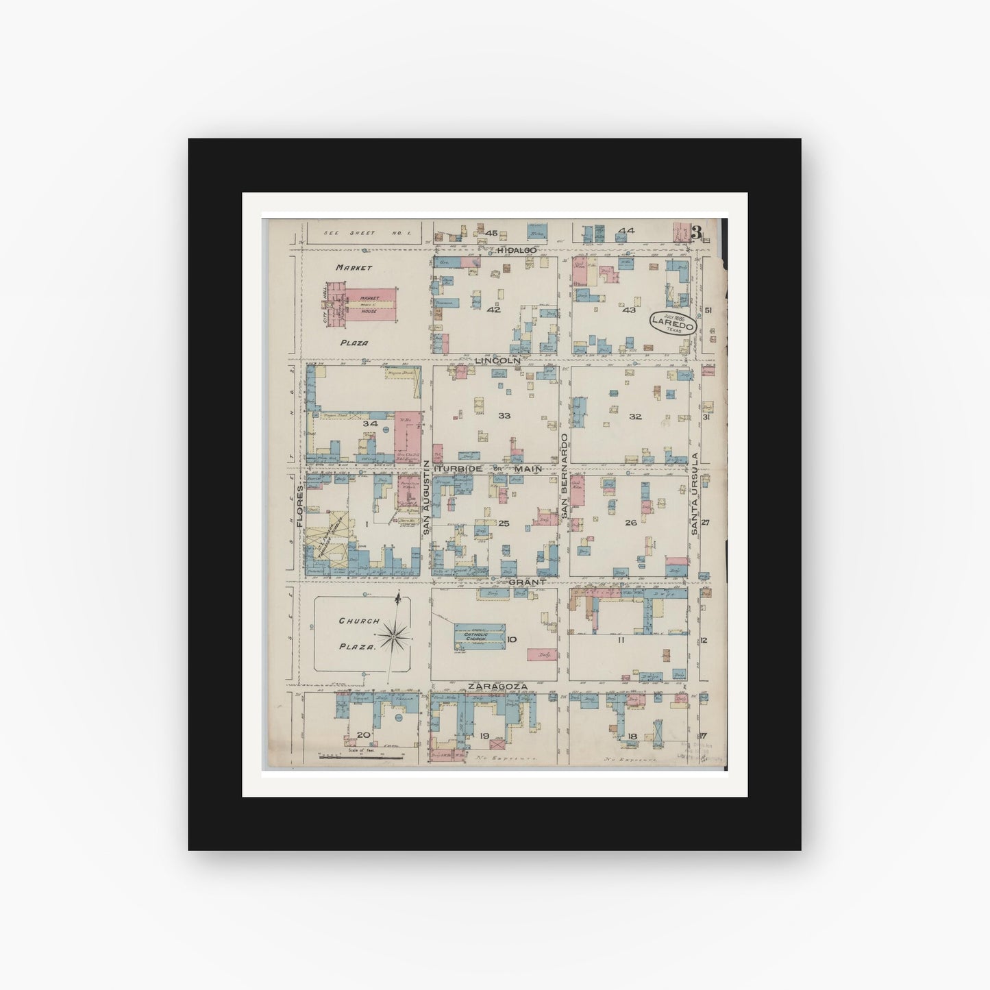 Old map wall art mockup — black gallery frame with white mat — Sanborn Fire Insurance Map from Laredo, Webb County, Texas (1885), Sheet #0003