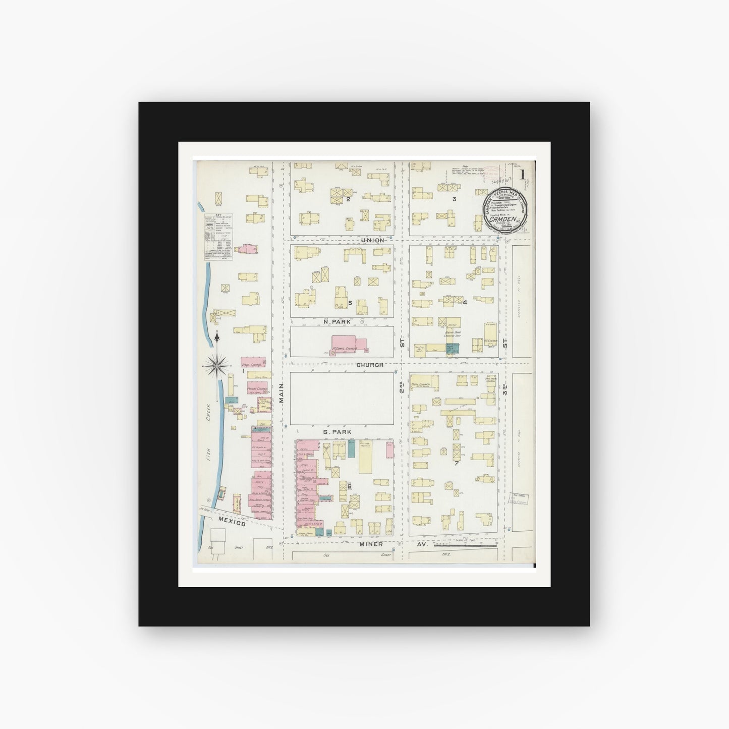 Old map wall art mockup — black gallery frame with white mat — Sanborn Fire Insurance Map from Camden, Oneida County, New York (1891) - Complete Map Set