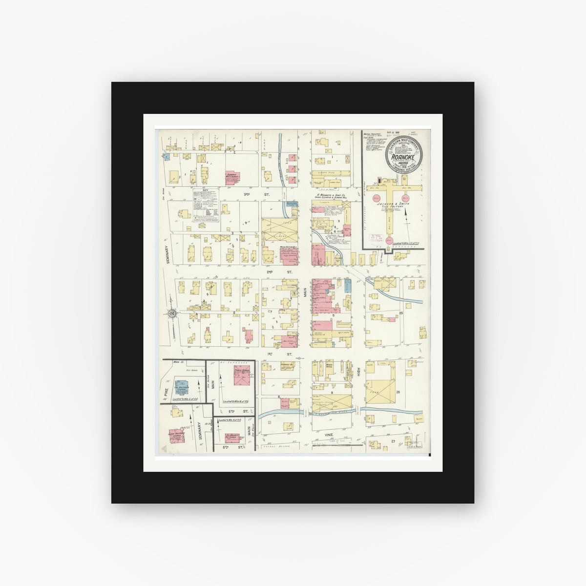 Old map wall art mockup — black gallery frame with white mat — Sanborn Fire Insurance Map from Roanoke, Huntington County, Indiana (1912), Sheet #0001